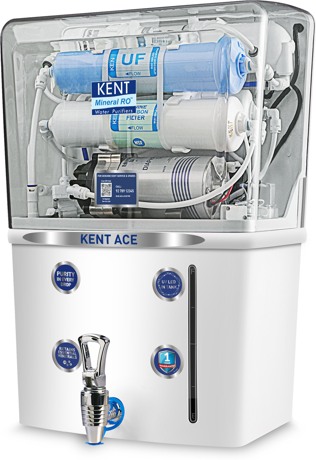 Image of KENT Ace 8 L RO + UV + UF Water Purifier Advanced RO Tech for Sabse Shudh Paani Auto Flush 8L 20 LPH Ideal for Borewell /Tanker /Municipal Water Largest Service Network