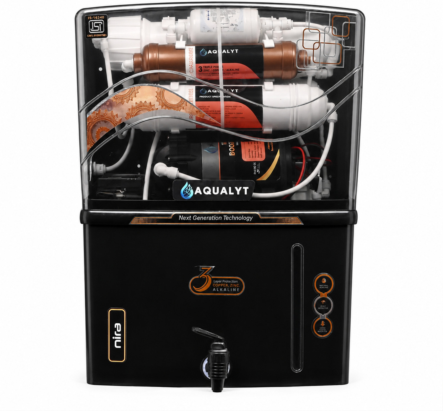 Image of AQUALYT Nira RO+UV+UF+TDS+Copper Alkaline Purifier for Tap, Municipal & Borewell Water 15 L RO + UV + UF + Copper + Alkaline + TDS Control Water Purifier (Black)