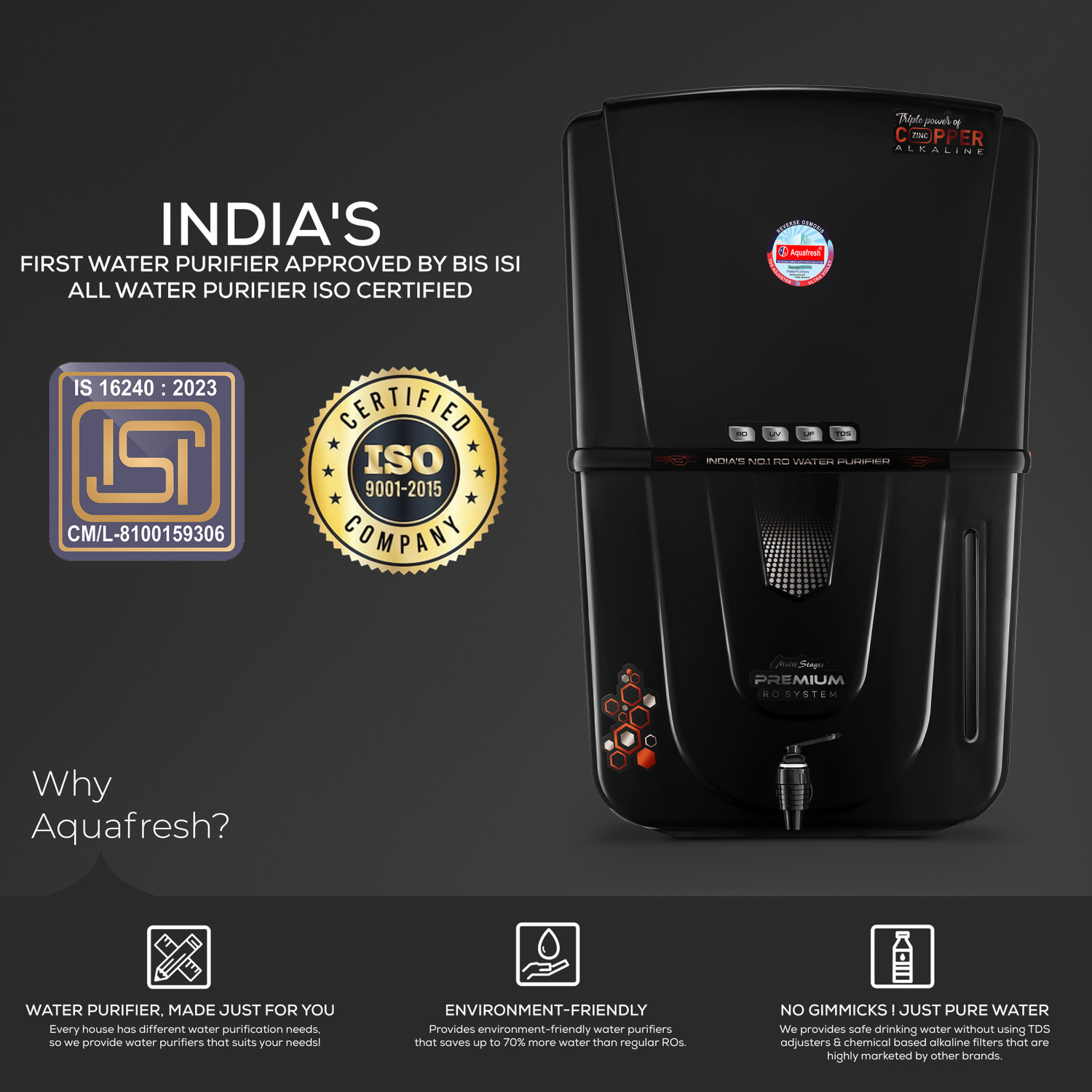 Image of Aqua Fresh Crunch Black 18 L RO + UV + UF + Copper + Alkaline + TDS Control Water Purifier