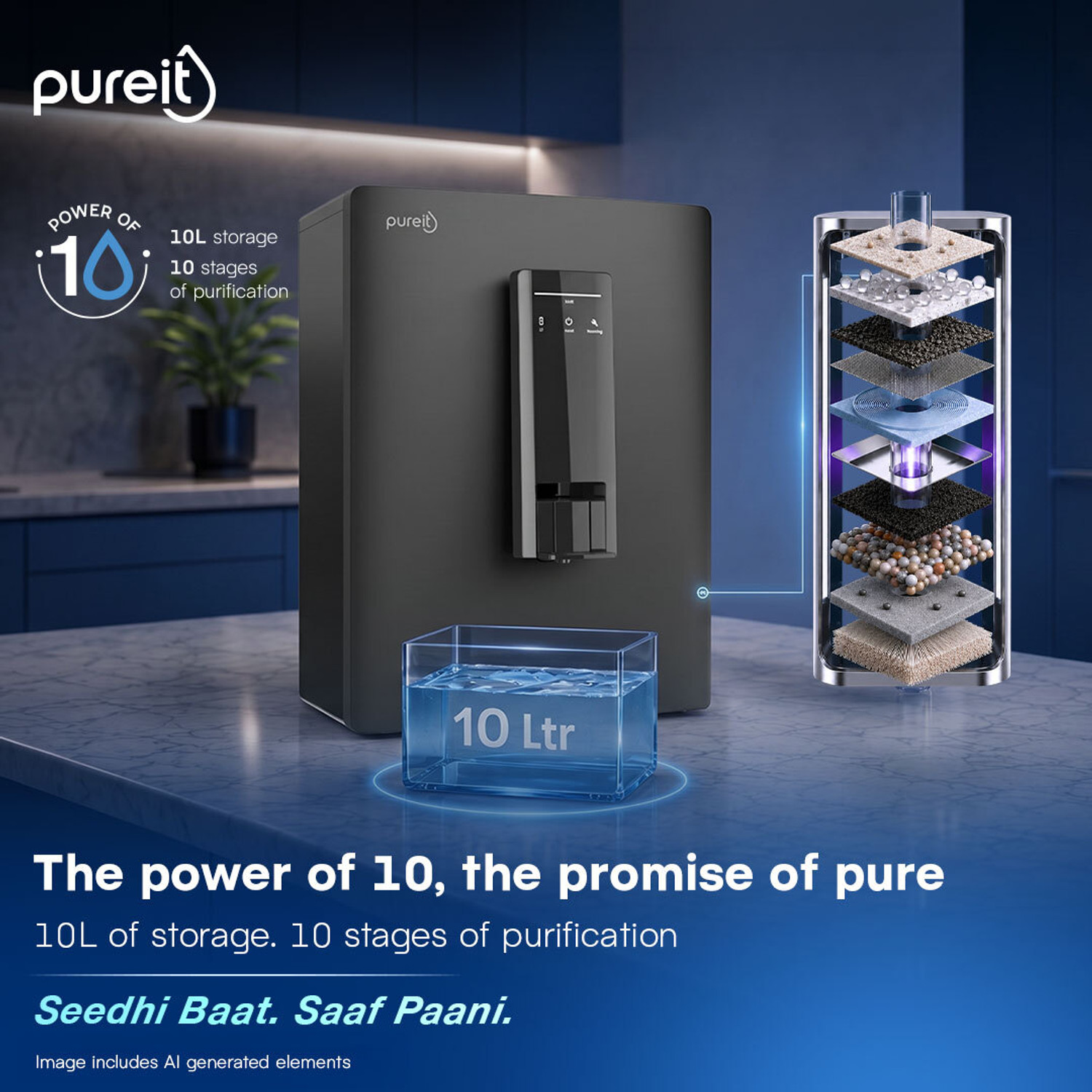 Image of Pureit Lithos 10 L RO + UV + Alkaline + Minerals Water Purifier | 10-Stage Purification | Up to 50% Water Saving |10L Storage Tank | Zero Cost Service for 2 Years | External Sediment Filter Included