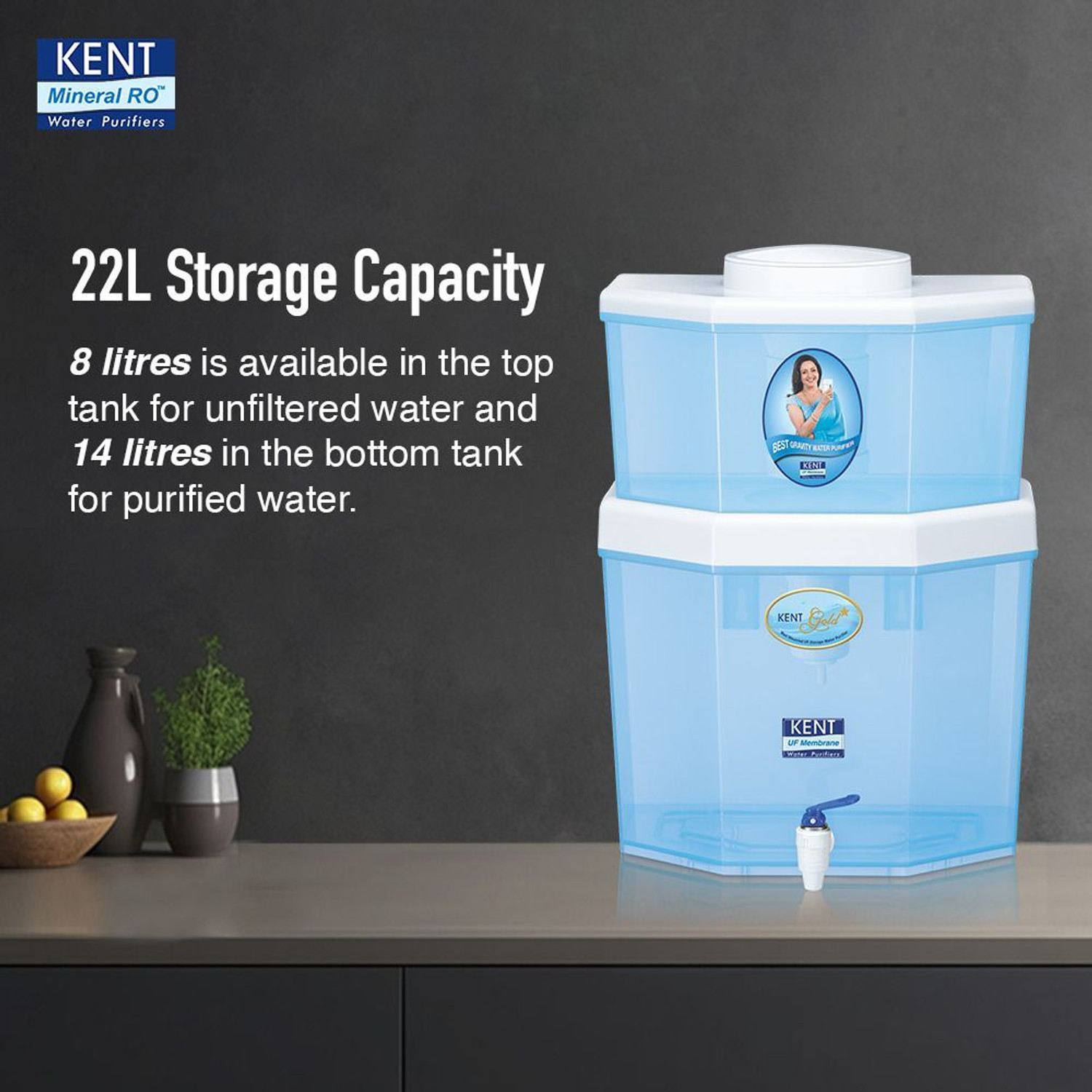 Image of KENT GOLD STAR 22 L Gravity Based + UF Water Purifier Water Purifier | UF Technology Based | Non-Electric & Chemical Free Purification Process | Counter Top | 22L Storage Tank | Suitable for Low TDS Water Upto 150 |