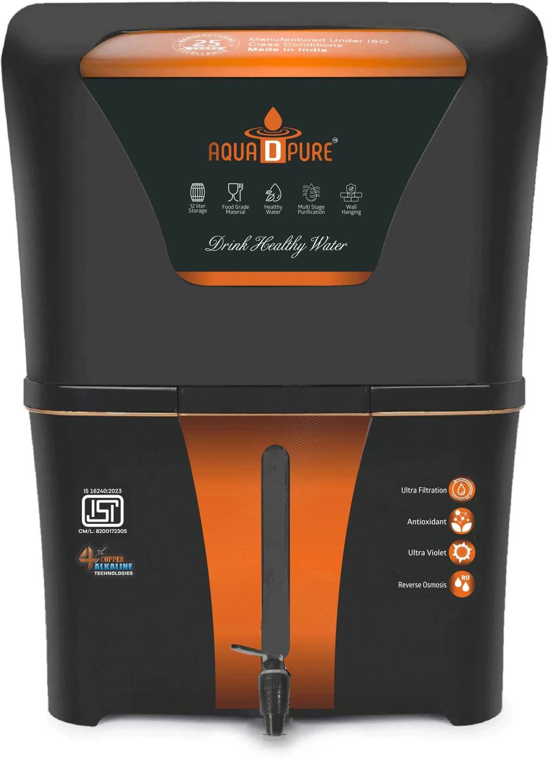 AquaDpure Water Purifier With Active Copper + Alkaline RO+UV+UF+TDS Water Filter for Home 12 L RO + UV + UF + TDS Control Water Purifier