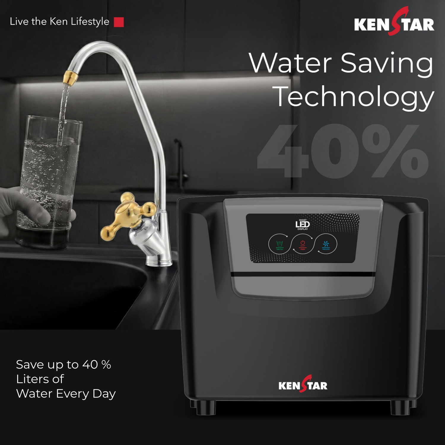 Image of Kenstar Sink Pure 8 L RO + UV + UF + Alkaline + Minerals Water Purifier 6-Stages of Purification Smart LED Display Under the Sink placement Complimentary Faucet Suitable for all - Borewell, Tanker, Municipality Water