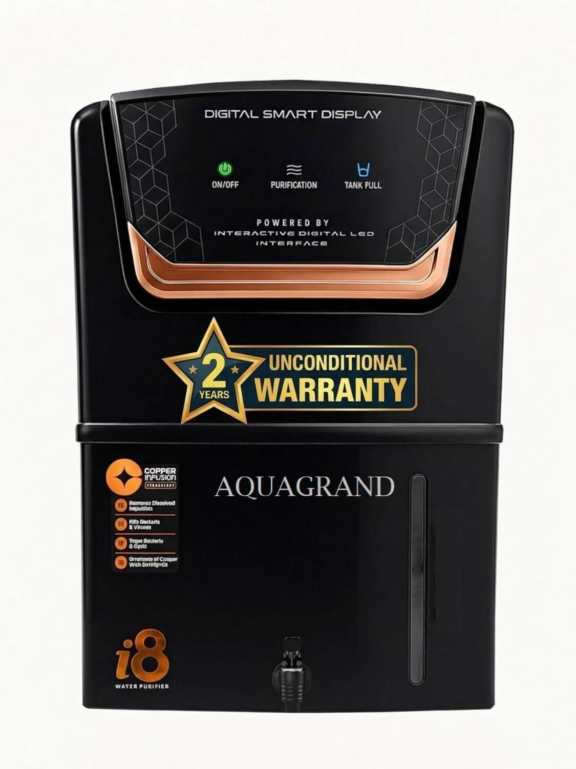 Aquagrand i8 Copper Model with (ISI, BIS Certified) Needs No Service & 2 Years Warranty 12 L RO + UV + UF + Copper + TDS Control Water Purifier
