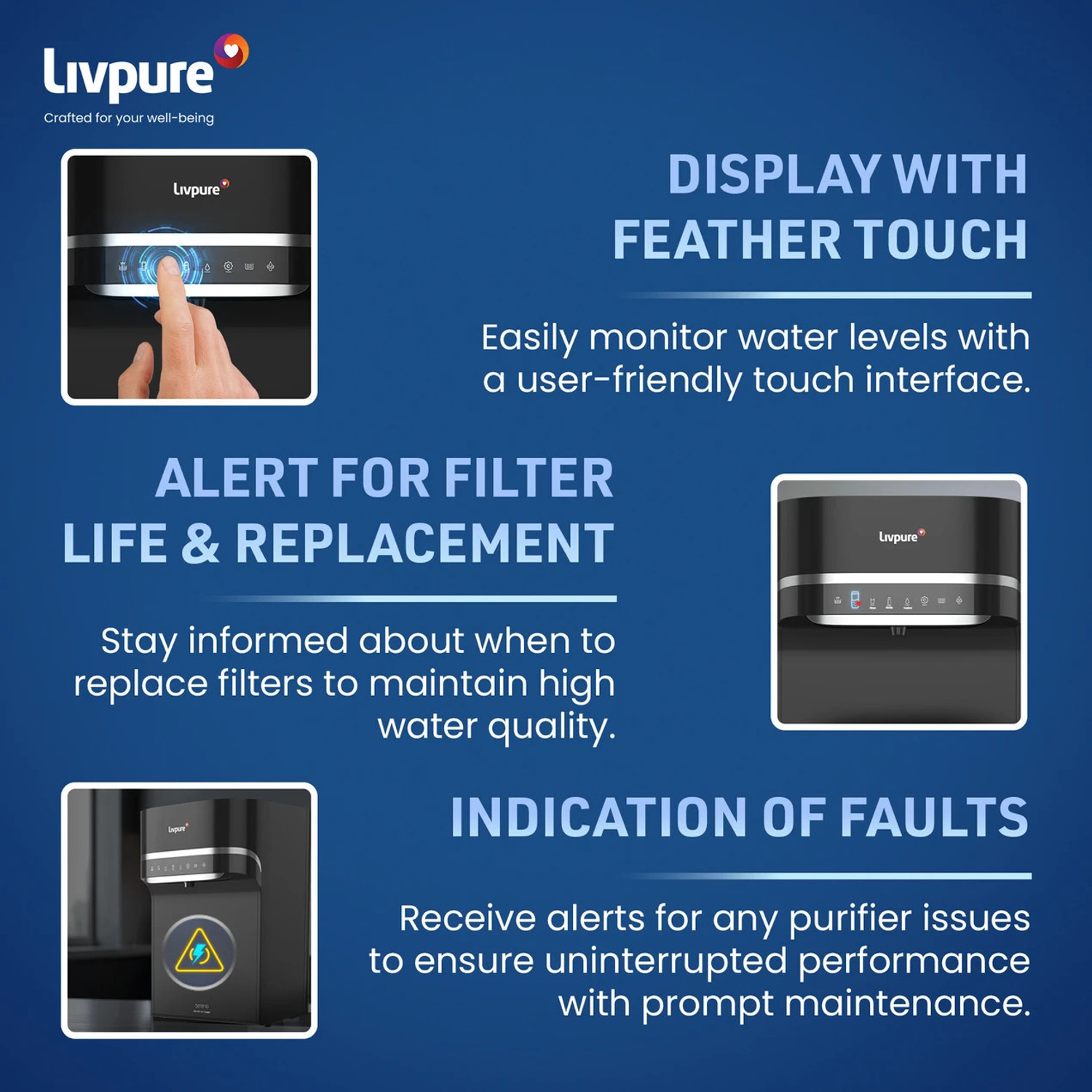 Image of LIVPURE Sereno-SS Water Purifier | RO+UV+UF+Copper+Mineral | 2.5 Year No Service 5.5 L RO + UV + UF + Copper + Minerals Water Purifier