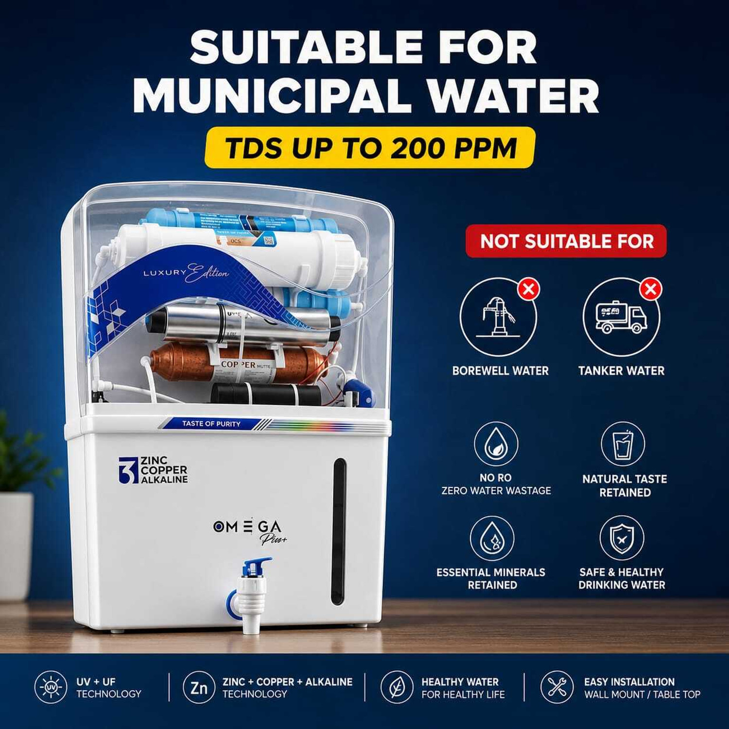 Image of Aqua Glare Omega UV Purifier With 12 L UV + UF + Copper Water Purifier