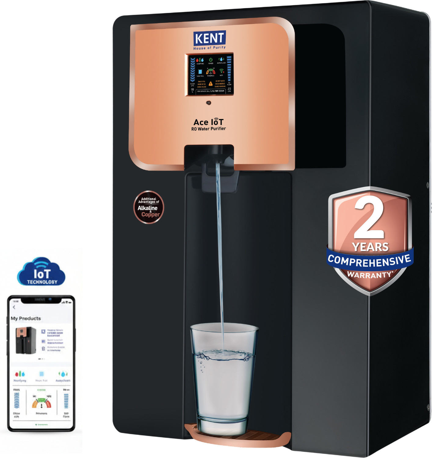 Image of KENT ACE Iot Zero Service Cost For 2 Years 8 L RO + UV + UF + Copper + Alkaline + TDS Control Water Purifier IoT Enabled 8L 20LP /Hr Ideal For Borewell /Tanker /Municipal Water