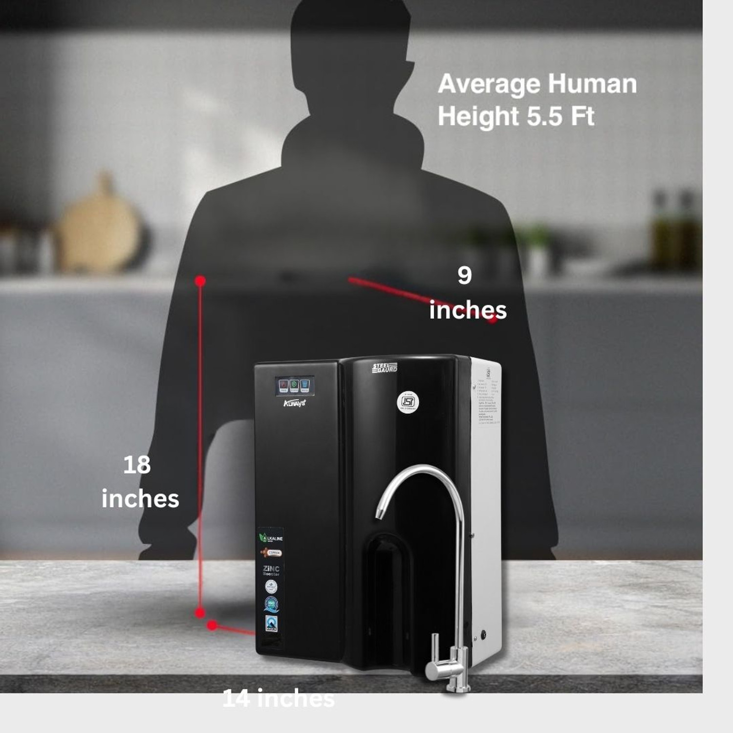Image of Always UTC UNDER SINK ISI MARK WITH INBUILT PRESSURE TANK /WITH PRE FILTER- /LED /FAUCET 5 L RO + UV + Copper + Alkaline + Minerals Water Purifier
