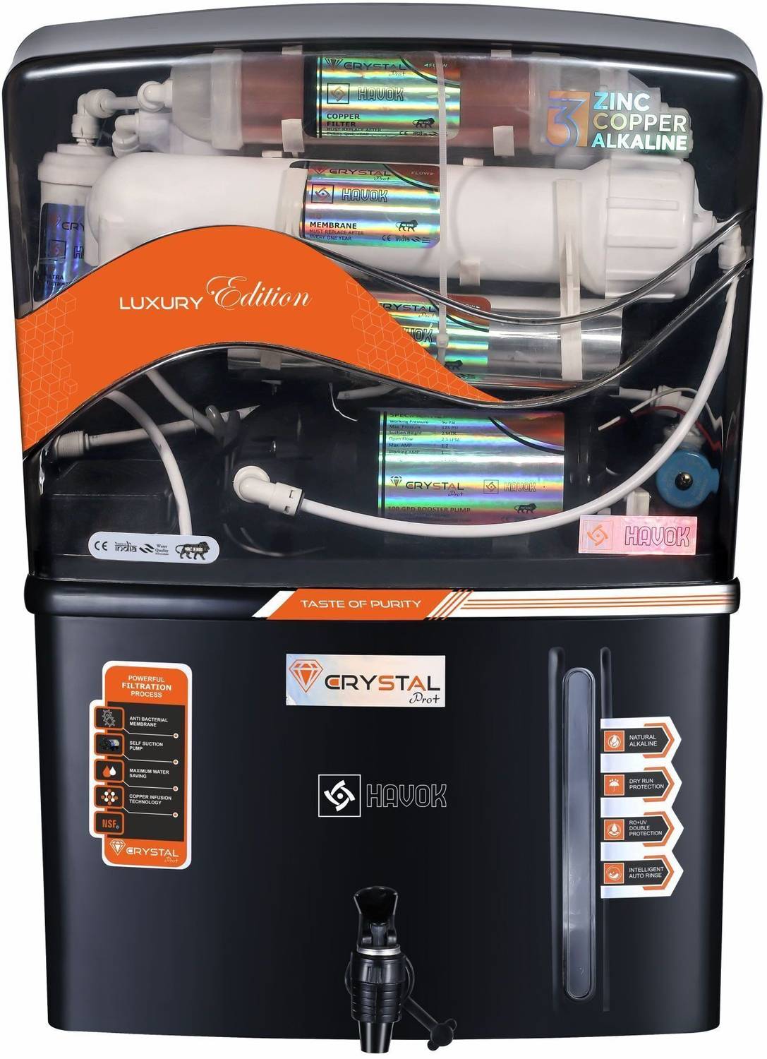 Havok Water_Purifier_Black 15 L RO + UV + Copper + Minerals Water Purifier