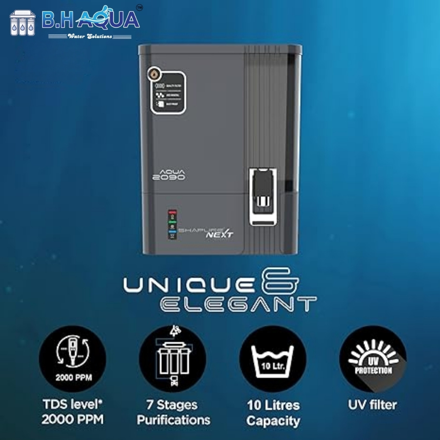 Image of b.h aqua water solutions B.H Aqua 2090 RO Water Purifier | Premium Grey 7 Stages Nxt Gen Technology 10L 20 L RO + UV + UF + Copper + Alkaline + Minerals Water Purifier