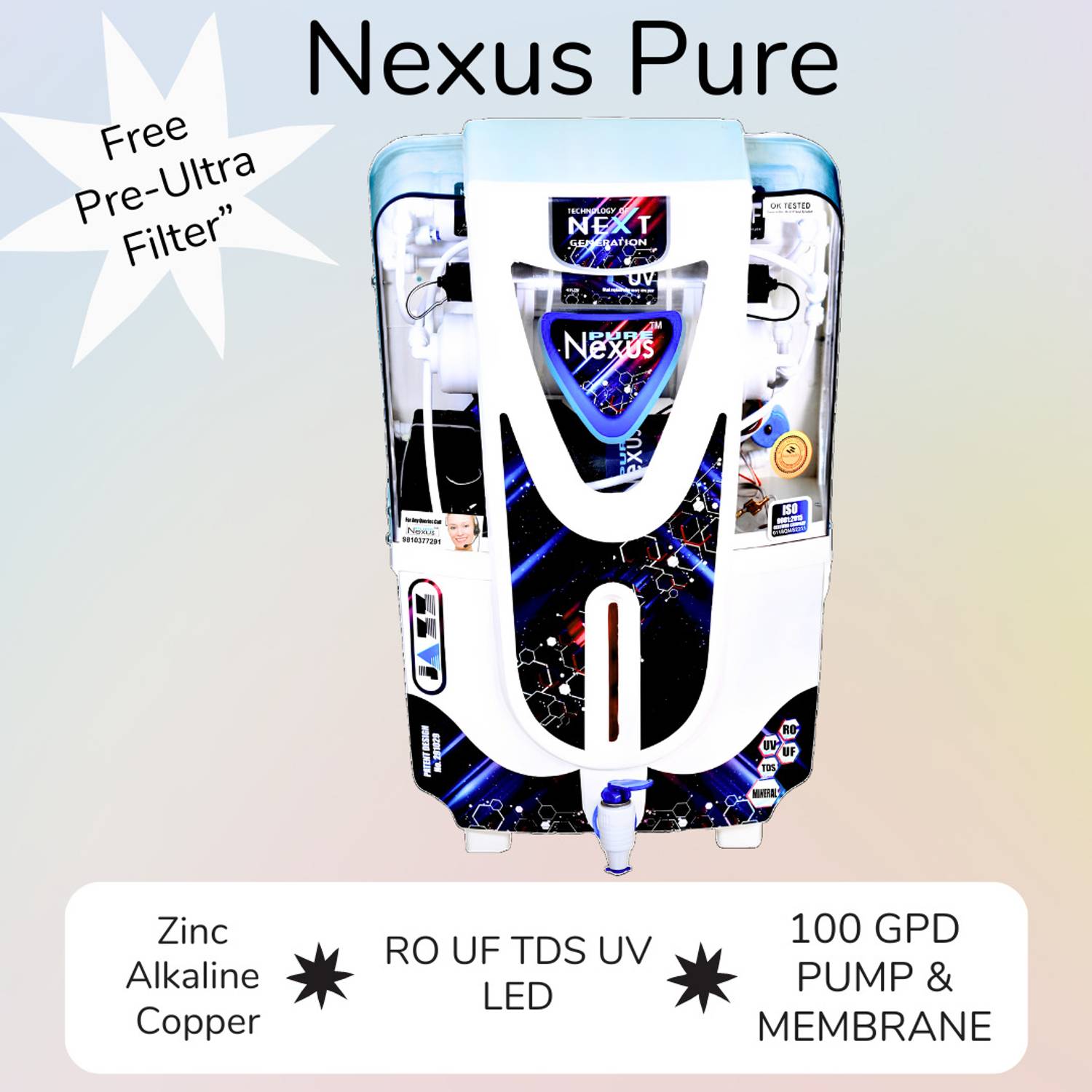 nexus pure JAZZ WHITE COPPER +ALKALINE 10 L RO + UV + UF + TDS Control Water Purifier