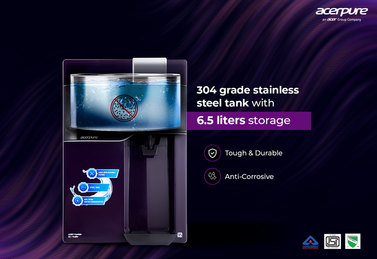 Image of acerpure Amrit Premium | DIY Fliter Replacement | 24 Months Free Fliter 6.5 L RO Water Purifier Stainless Steel Tank | 6 Stage Purification | Suitable for Borewell, Tanker & Municipal Water