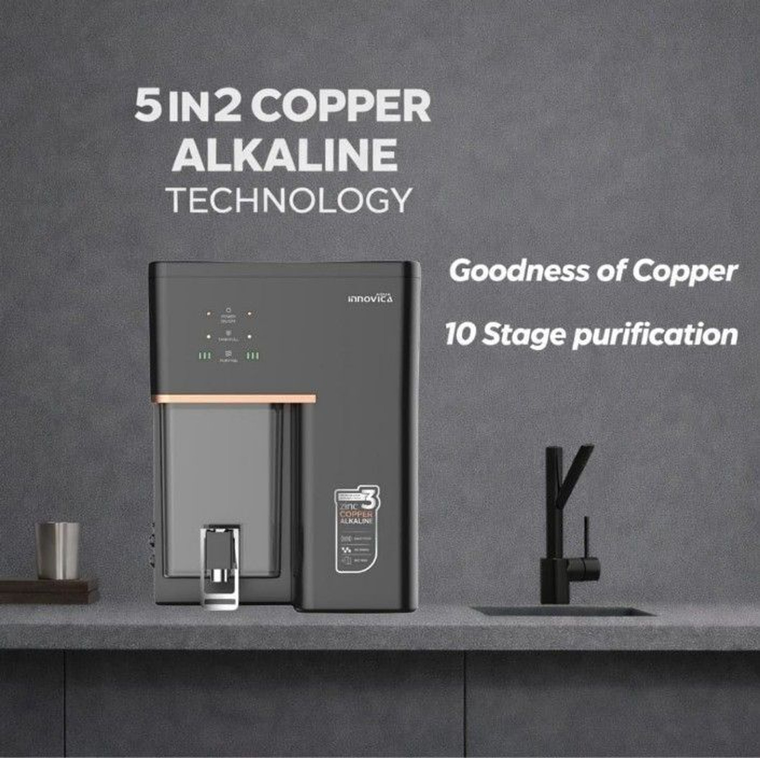 Image of b.h aqua water solutions B.H Aqua Innovica RO | Mirror Black | 8 Stages Nxt Gen Technology | 10L Capacity 10 L RO + UV + UF + Copper + Alkaline + Copper + Zinc Water Purifier