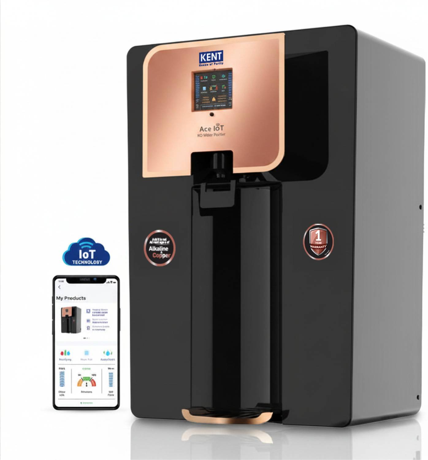 KENT ACE IoT 8 L RO + UV + UF + Copper + Alkaline + TDS Control Water Purifier IoT Enabled Digital Display Alkaline Water with pH 8-9.5 8L 20LP/Hr Ideal For Borewell/Tanker/Municipal Water