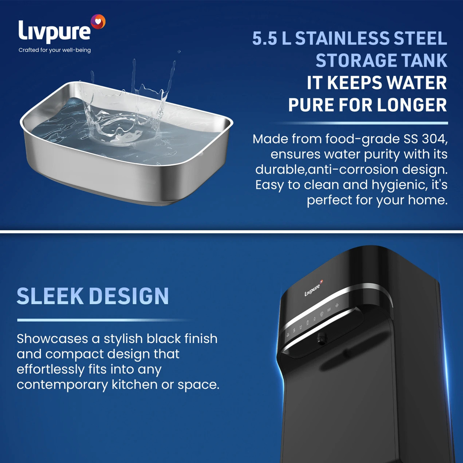 Image of LIVPURE Sereno-SS Water Purifier | RO+UV+UF+Copper+Mineral | 2.5 Year No Service 5.5 L RO + UV + UF + Copper + Minerals Water Purifier