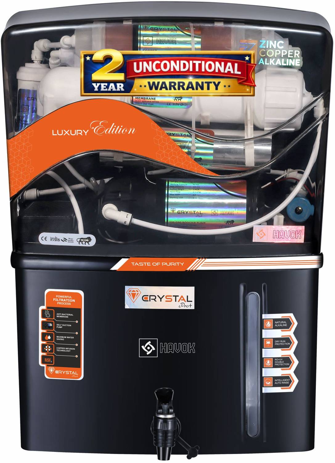 Havok Water_Purifier_Black_2_Year_Unconditional_Warranty_BIS_Certified_water Purifier 15 L RO + UV + UF + Copper + Minerals Water Purifier
