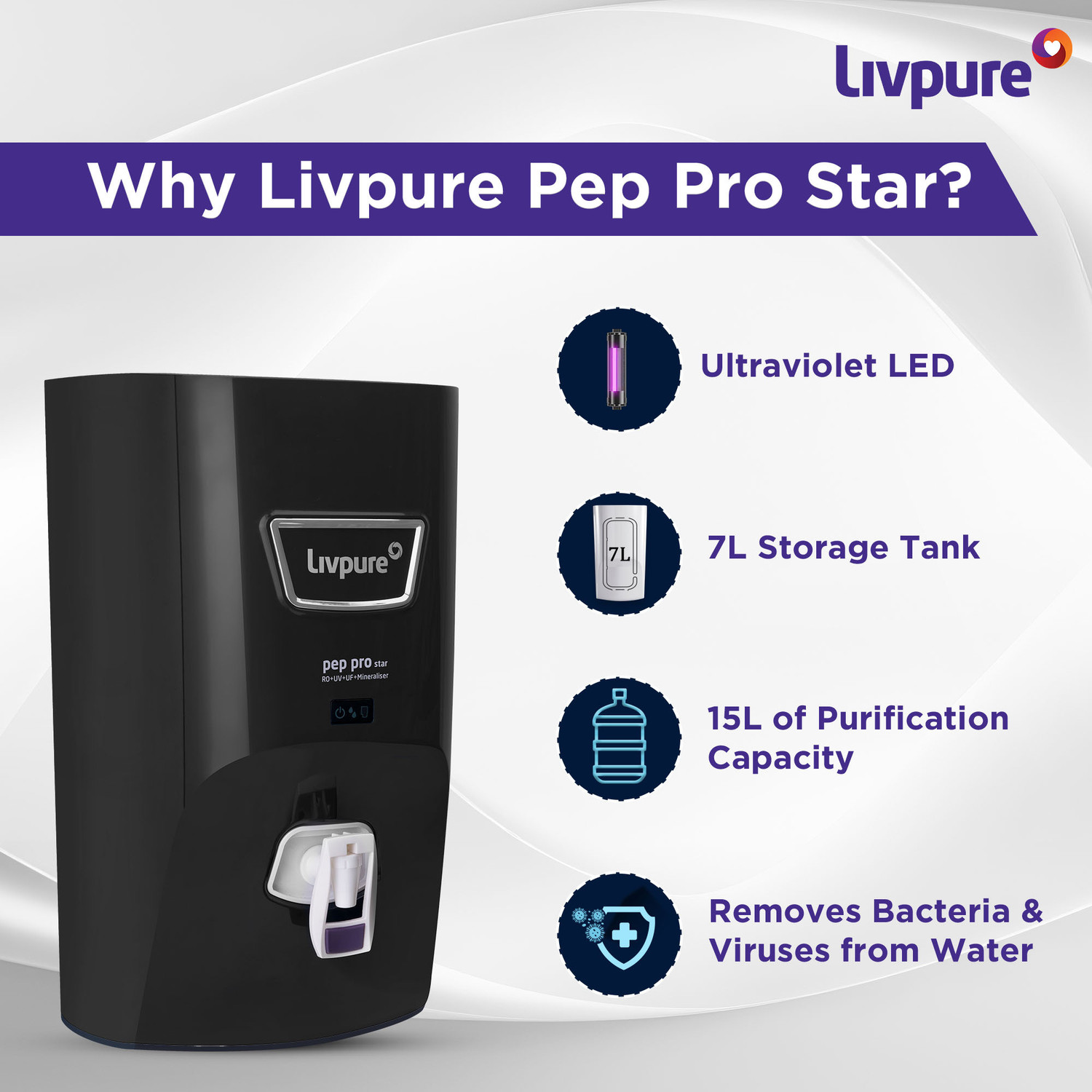 Image of LIVPURE LIV-PEP-PRO-STAR-BLACK 7 L RO + UV + UF + Minerals Water Purifier