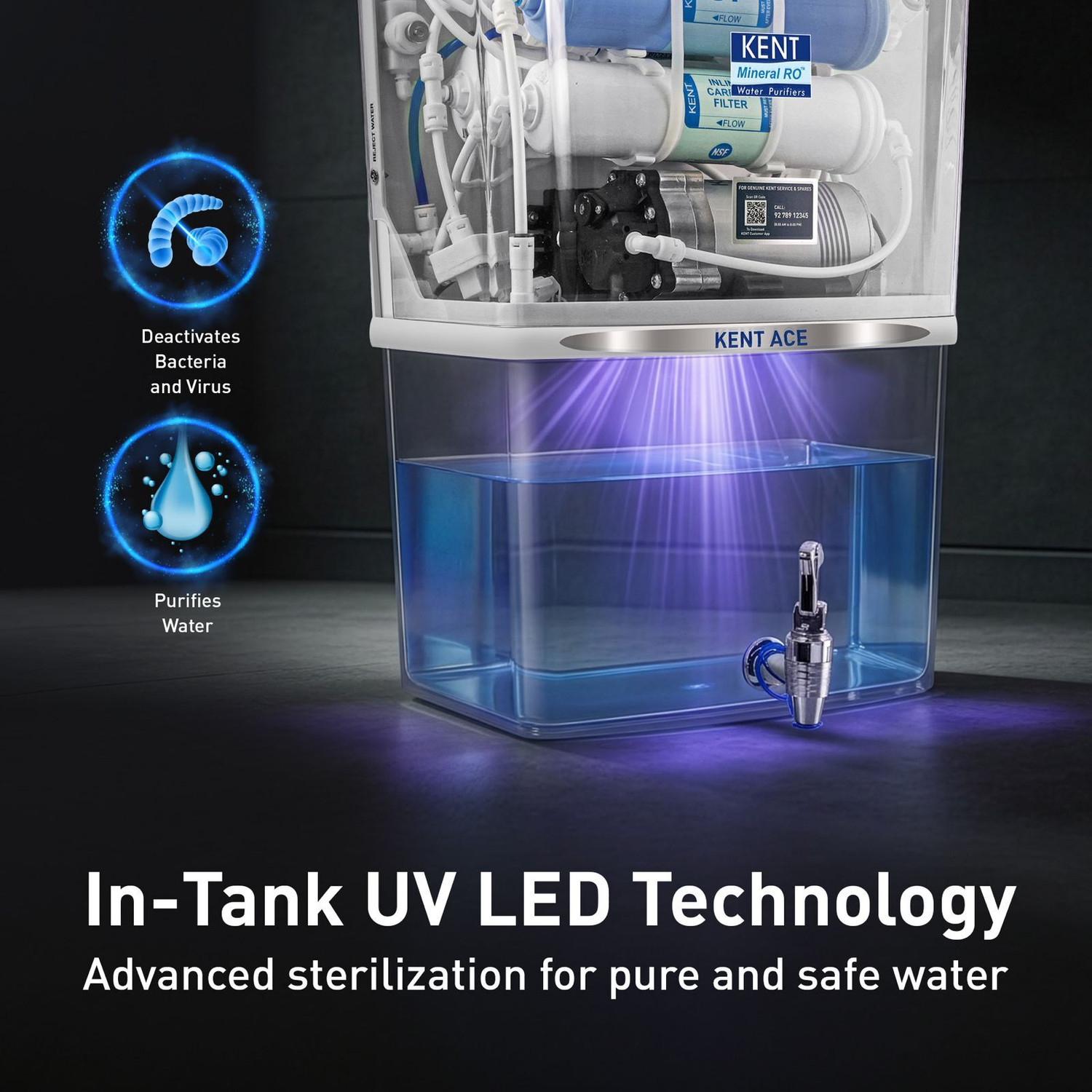Image of KENT Ace 8 L RO + UV + UF Water Purifier Advanced RO Tech for Sabse Shudh Paani Auto Flush 8L 20 LPH Ideal for Borewell /Tanker /Municipal Water Largest Service Network