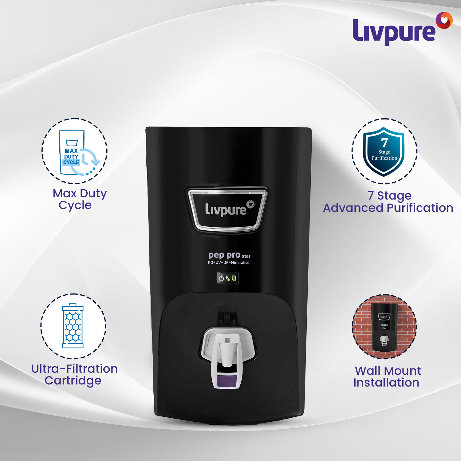 Image of LIVPURE LIV-PEP-PRO-STAR-BLACK 7 L RO + UV + UF + Minerals Water Purifier
