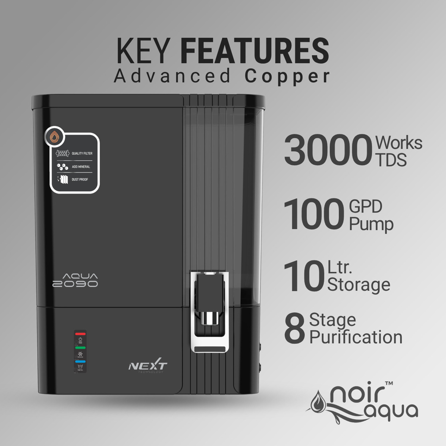 Image of Noir Aqua 2090 RO Water Purifier Filter With Copper 8 Stage 10 L RO + UV + UF + Copper + TDS Control Water Purifier