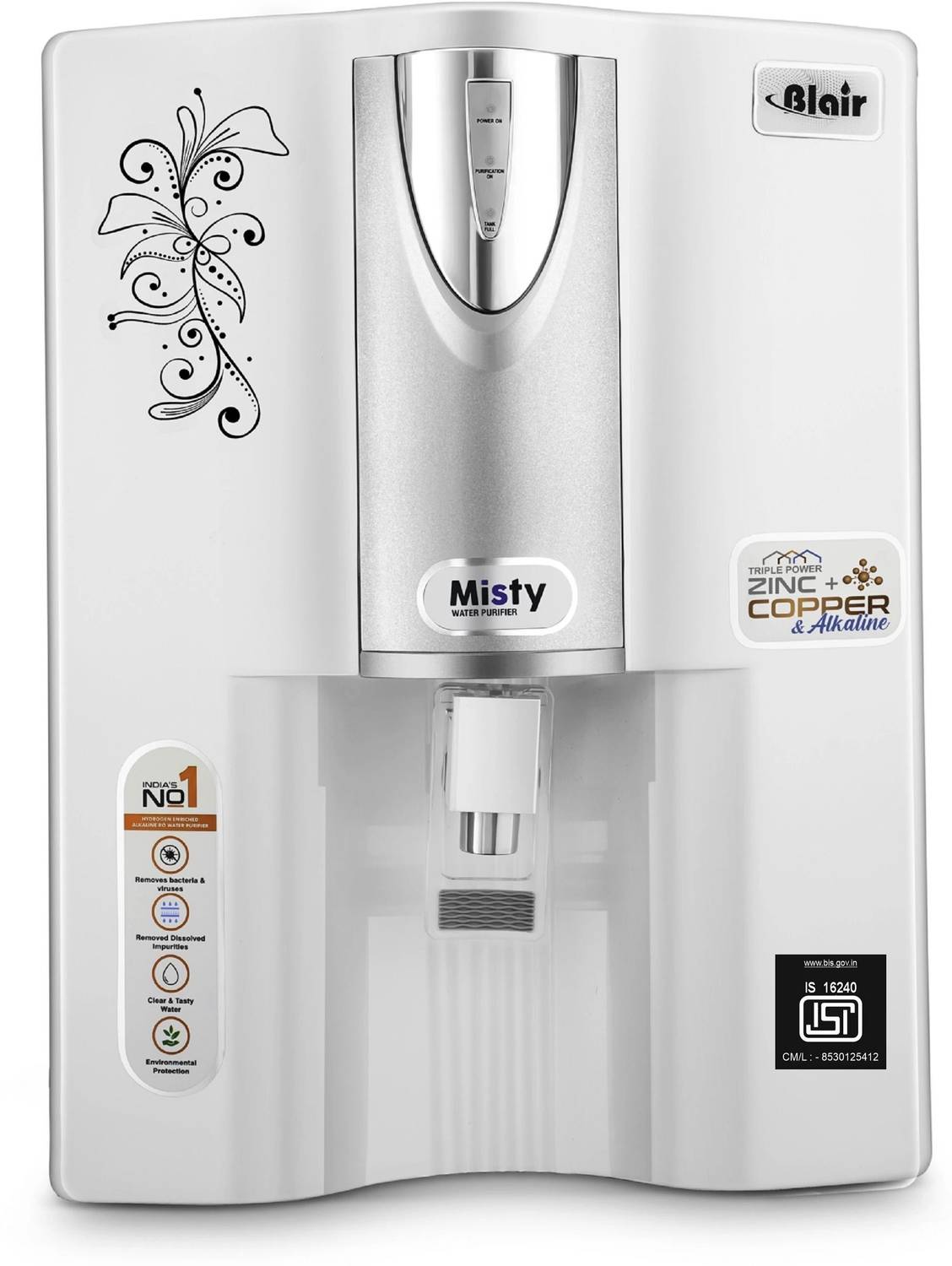 Blair MISTY ADVANCE BIS APPROVED ( IS 16240 ) 15 L RO + In-Tank UV + UF + Copper + Alkaline + Minerals + TDS Control Water Purifier
