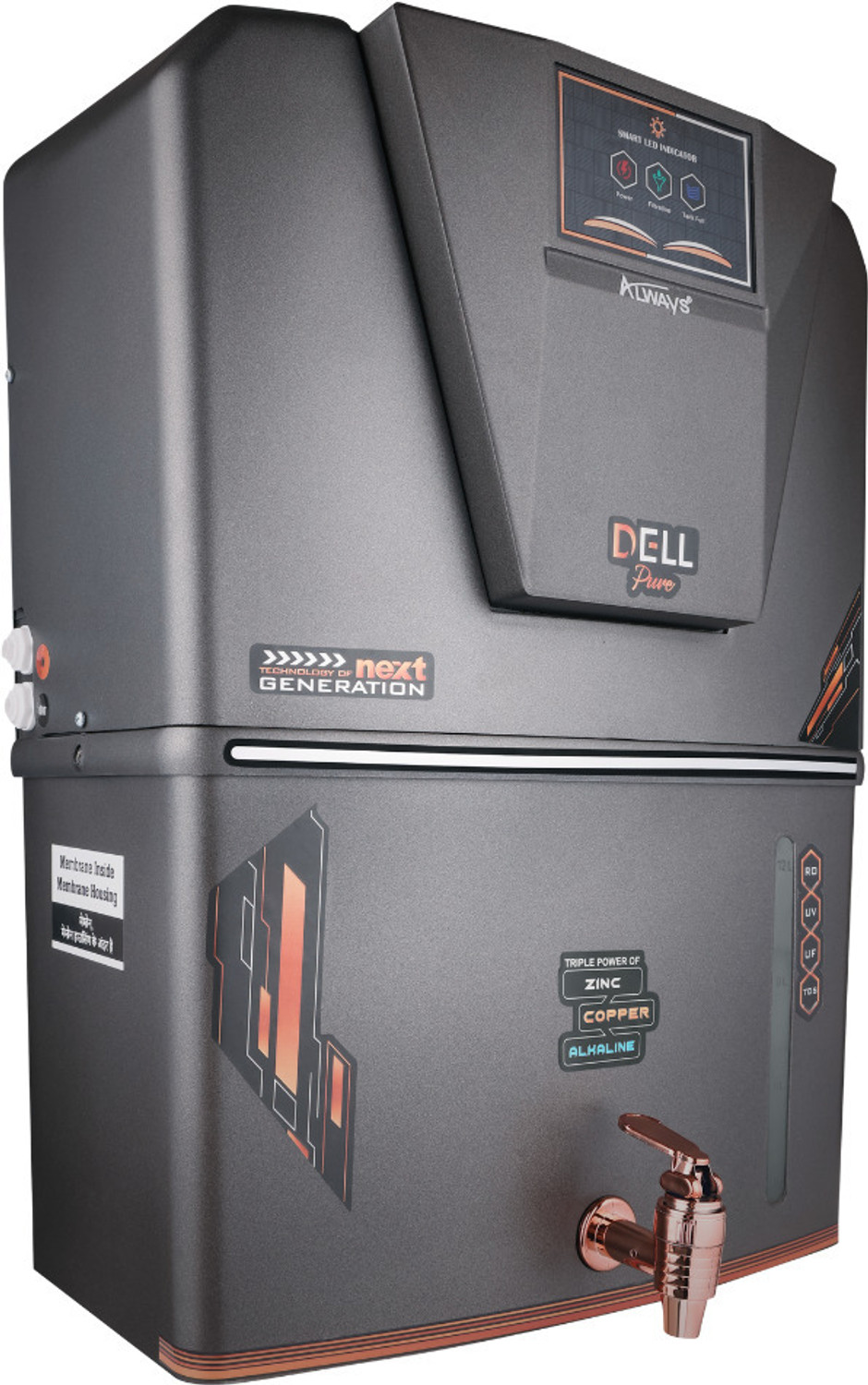 Image of Always Dellpure Metallic with LED display and Pre filter 10 stage 12 L RO + In-Tank UV + UF + Copper + Alkaline + Minerals + TDS Control Water Purifier