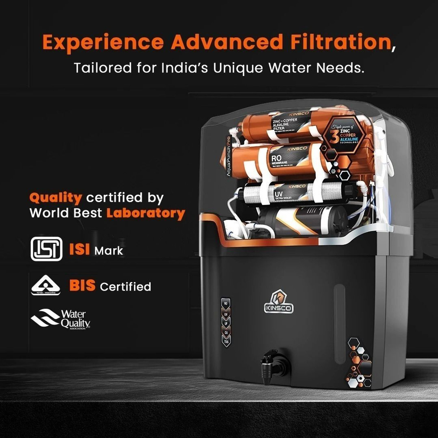 Image of Kinsco Aqua Punch Pro With ISI Mark RO+UV+UF+TDS Adjuster 18 L RO + UV + Copper + Alkaline + Minerals Water Purifier
