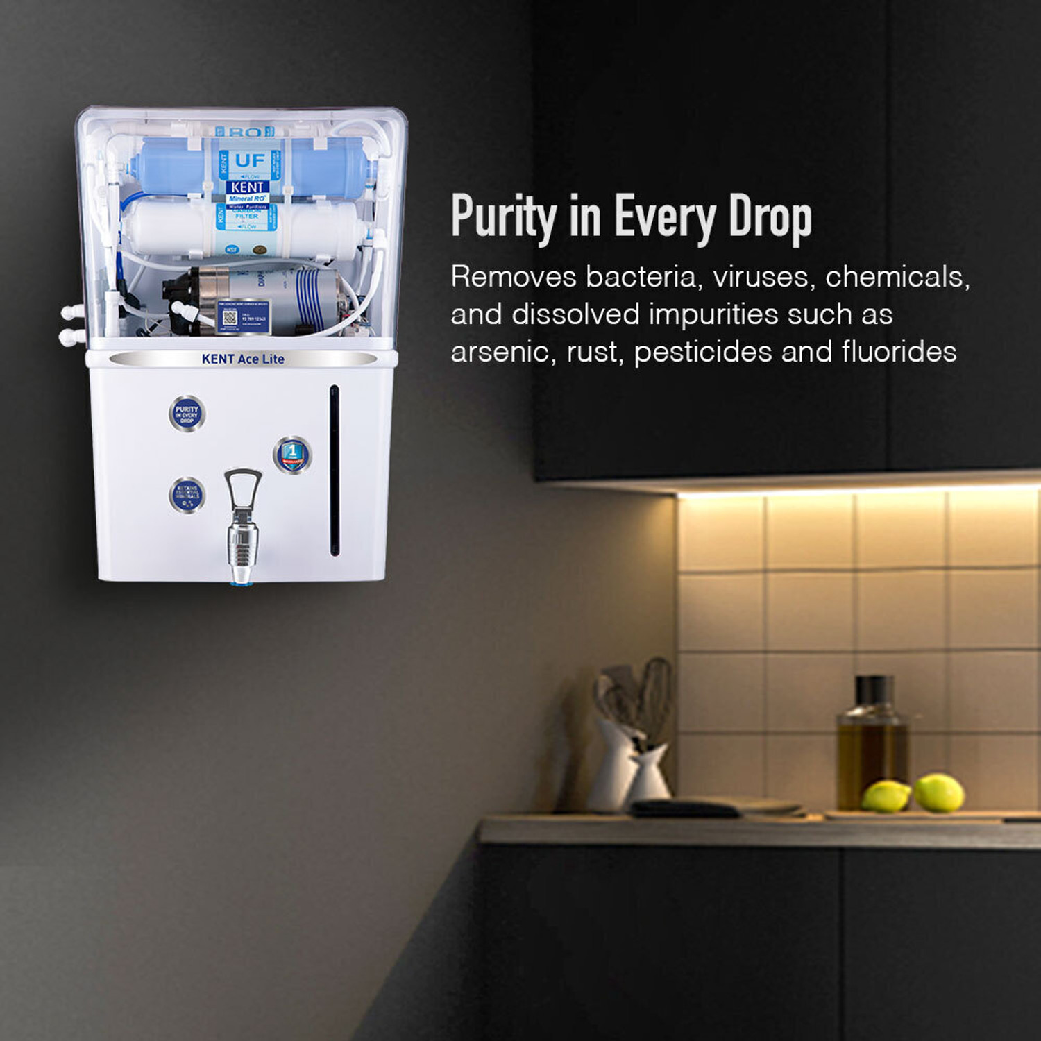 Image of KENT Ace Lite 8 L RO + UF Water Purifier Suitable for all - Borewell, Tanker, Municipality Water