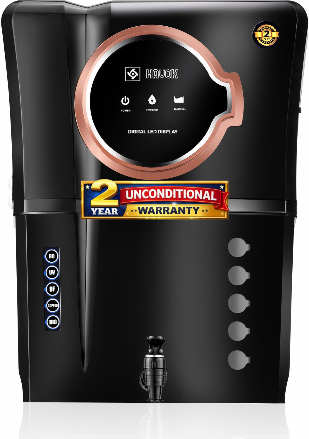 Image of Havok Elite Round Display BIS Certified 2 Year Unconditional Warranty Black 18 L RO + UV + UF + Copper + Minerals Water Purifier