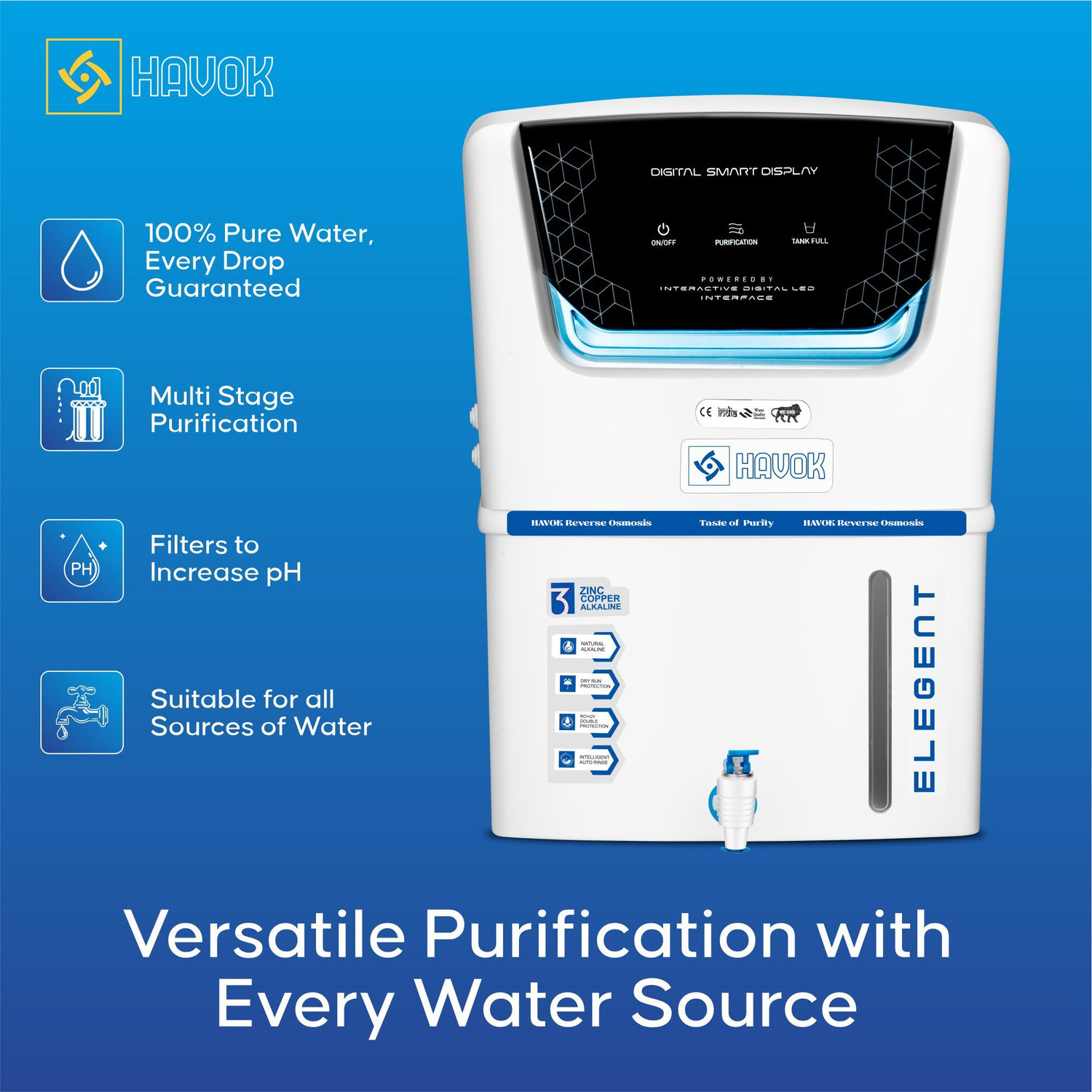 Image of Havok Elegant Digital Water Purifier Black & Blue 15 L RO + UV + Copper + Minerals Water Purifier