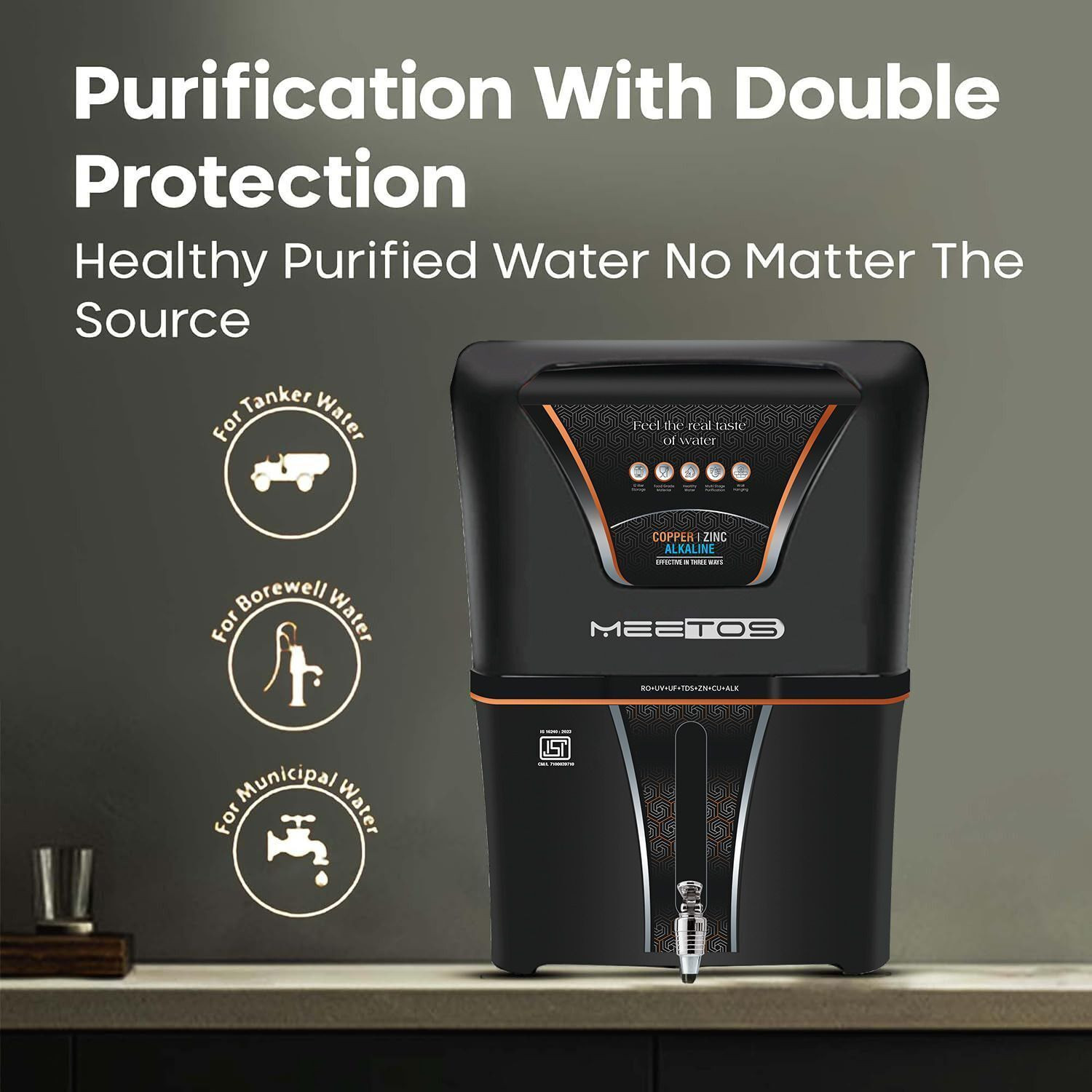 Image of MEETOS Copper + Alkaline,10 Stage Water Purifier and Best for Home and Offices 12 L RO + UV + UF + Copper + Alkaline + Minerals + TDS Control Water Purifier