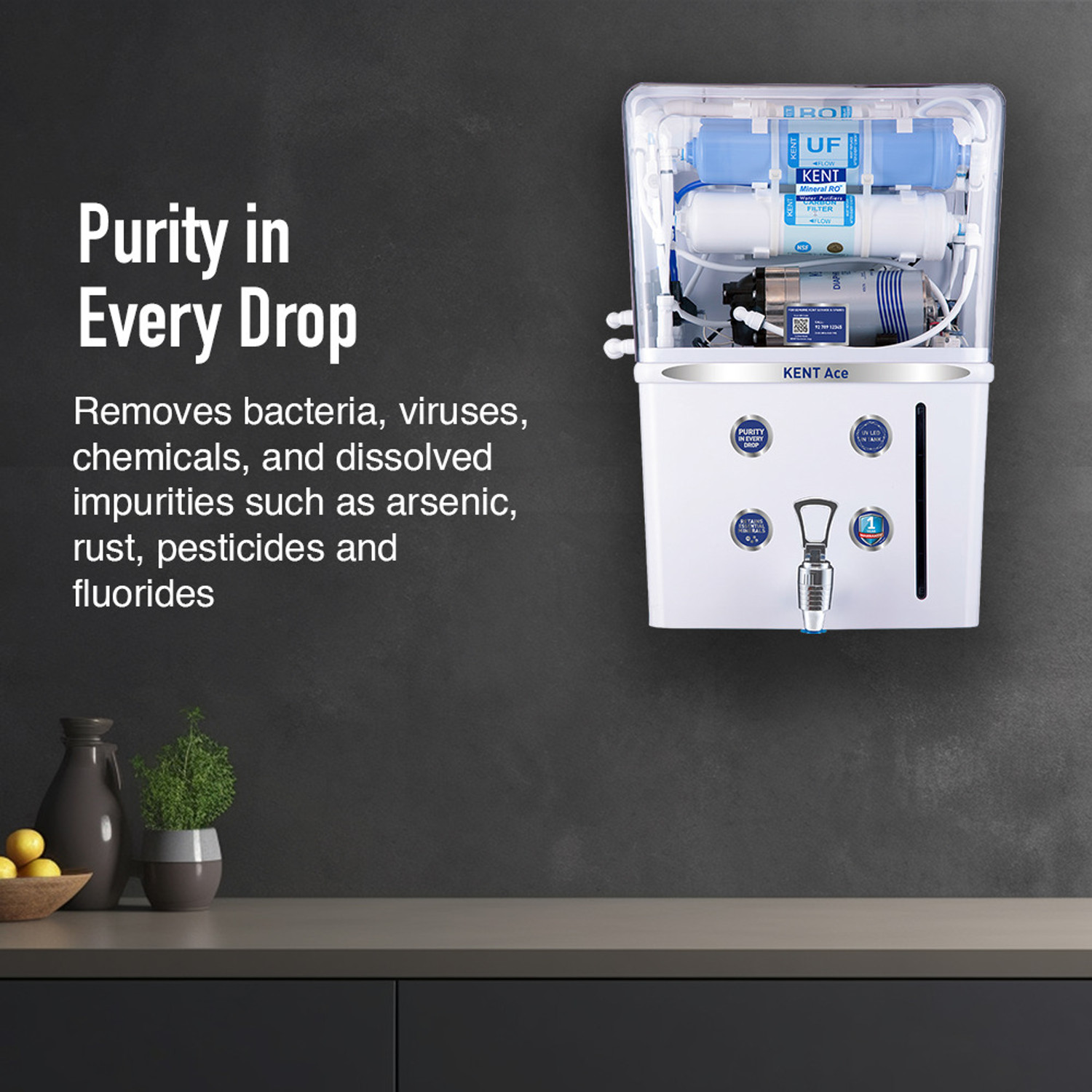 Image of KENT Ace 8 L RO + UV + UF Water Purifier Advanced RO Tech for Sabse Shudh Paani Auto Flush 8L 20 LPH Ideal for Borewell /Tanker /Municipal Water Largest Service Network