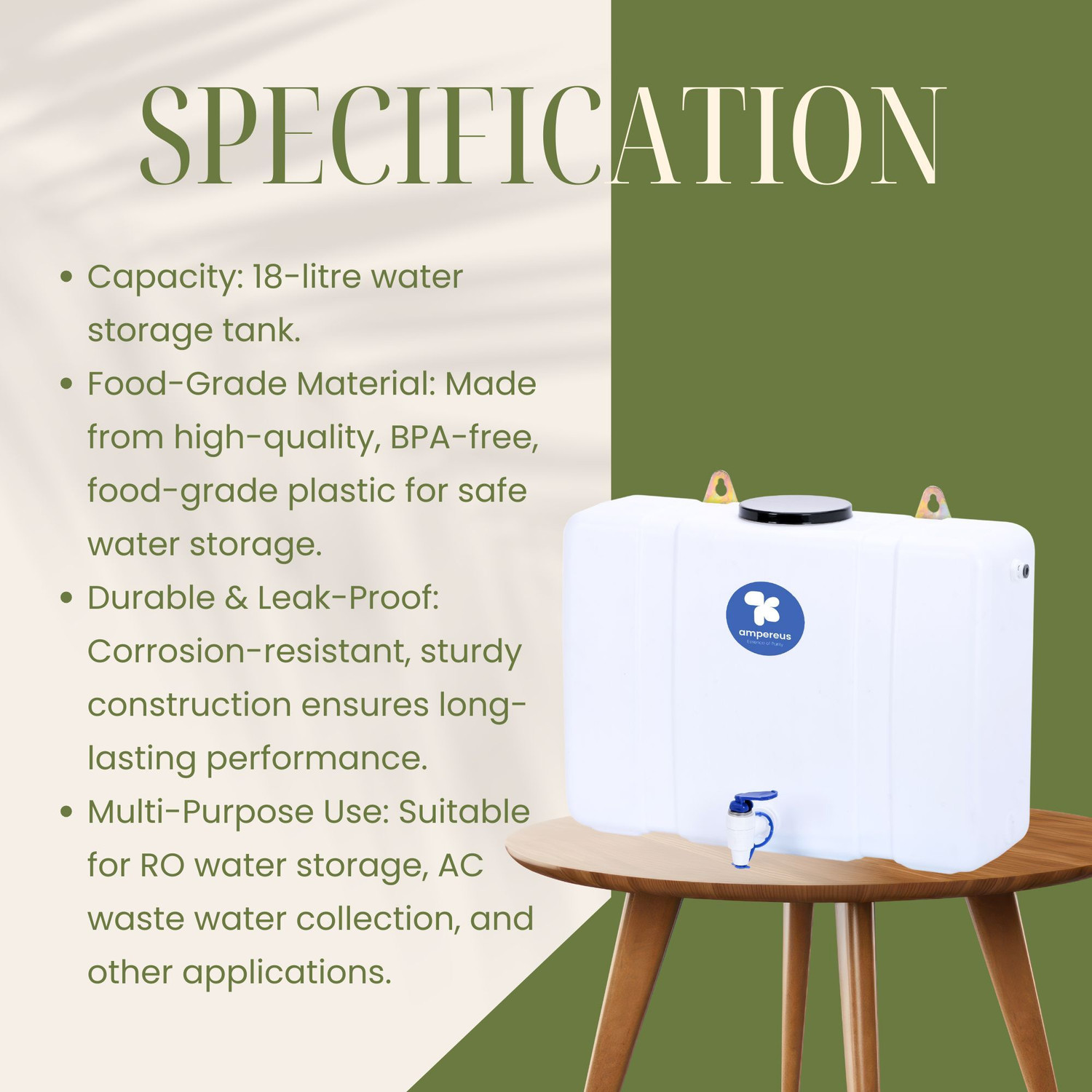 Image of AMPEREUS RO Waste Water Storage Tank | Food Grade Water Storage Durable Tank f RO System 18 L Water Tank (Polypropylene)