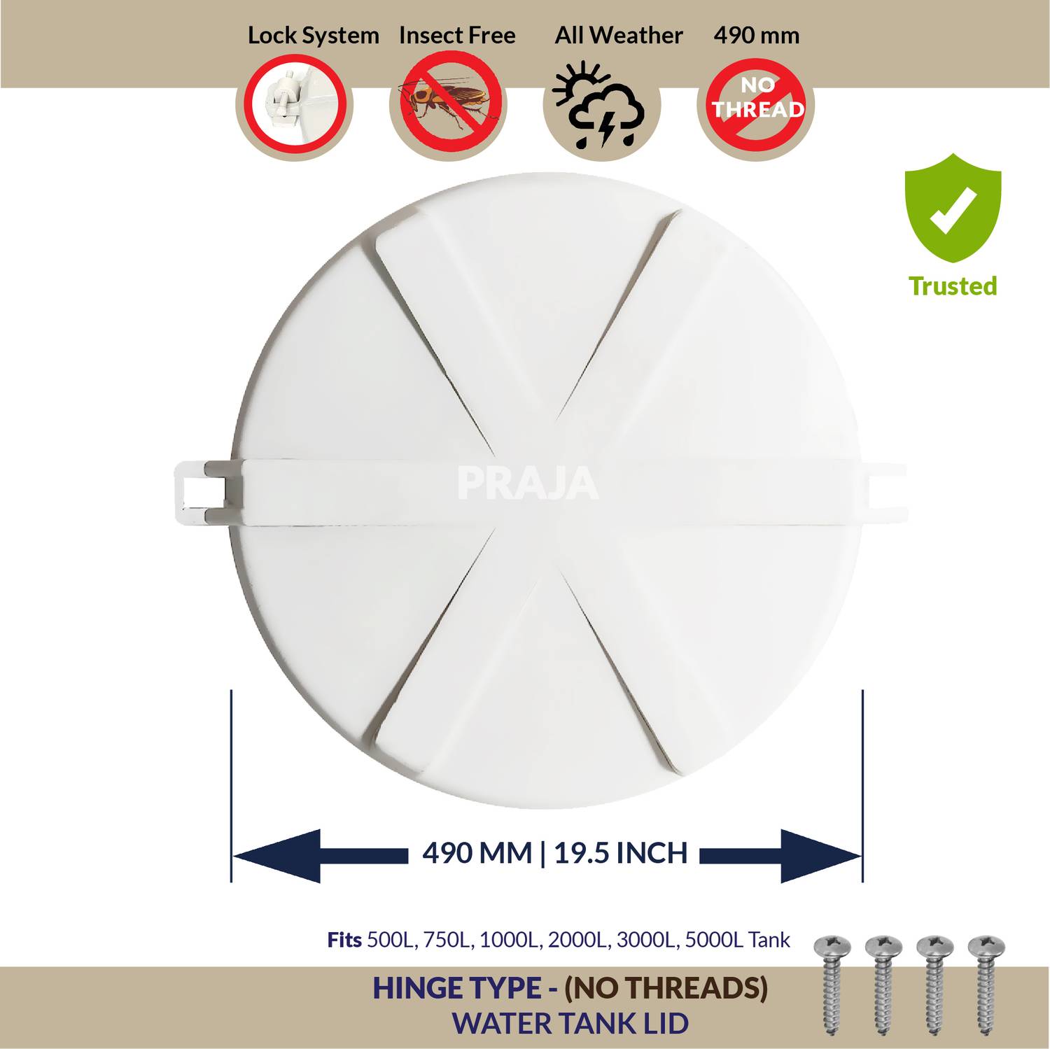 PRAJA Plastic Water Tank Open & Close Lid | 490 mm | Hinge Type