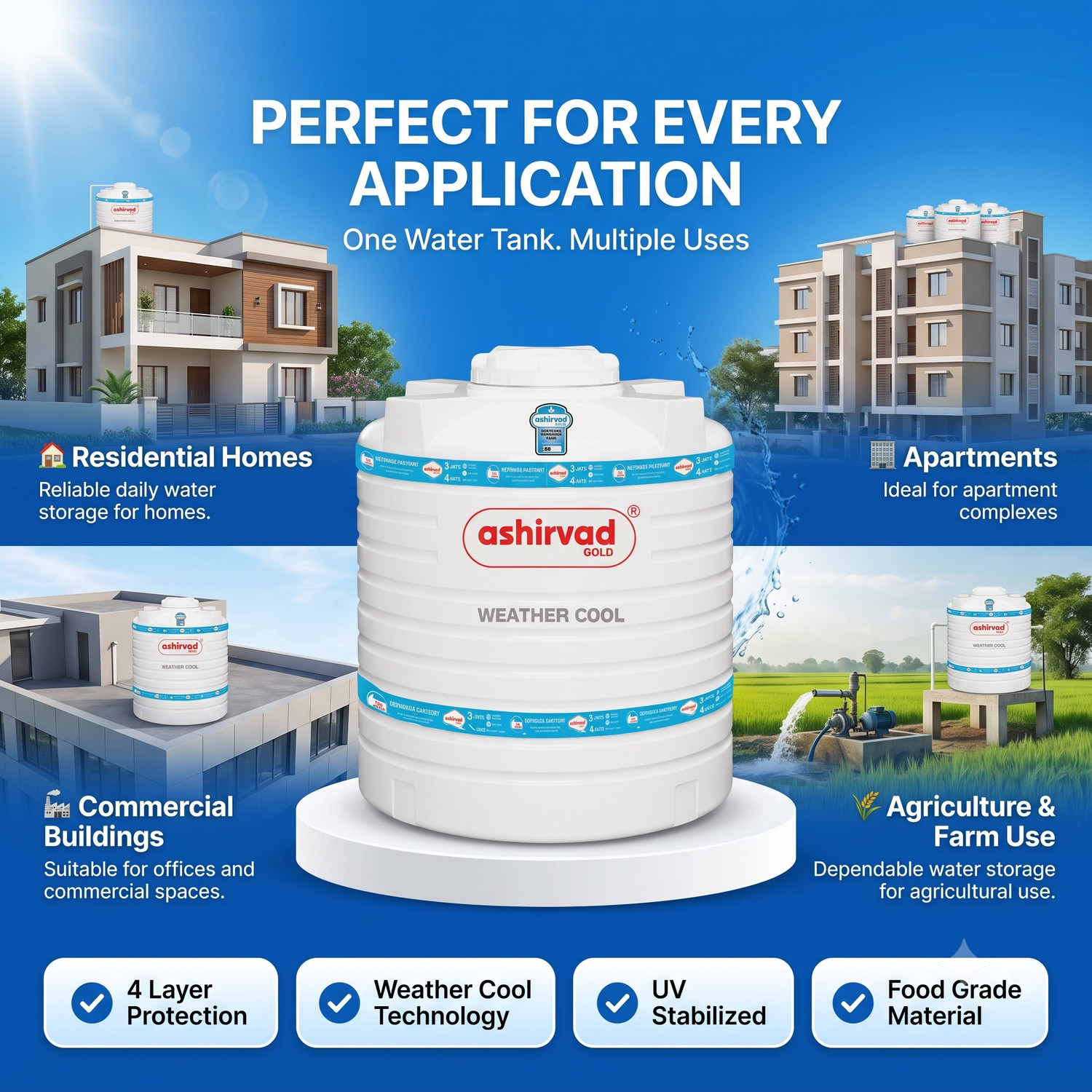 Image of Ashirvad Gold 4 Layer Weather Cool Insulated Vertical Water Storage Tank 1000 L Water Tank 1000 L Water Tank