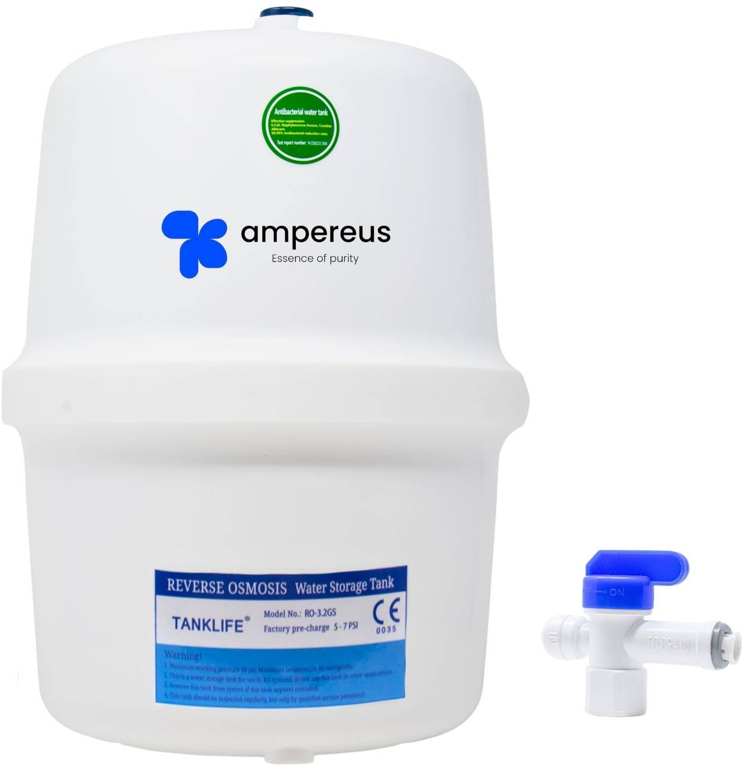 AMPEREUS RO Pre-Pressurized Storage Water Tank Pump for Under Sink RO System (3.2 Gallon) 12 L Water Tank