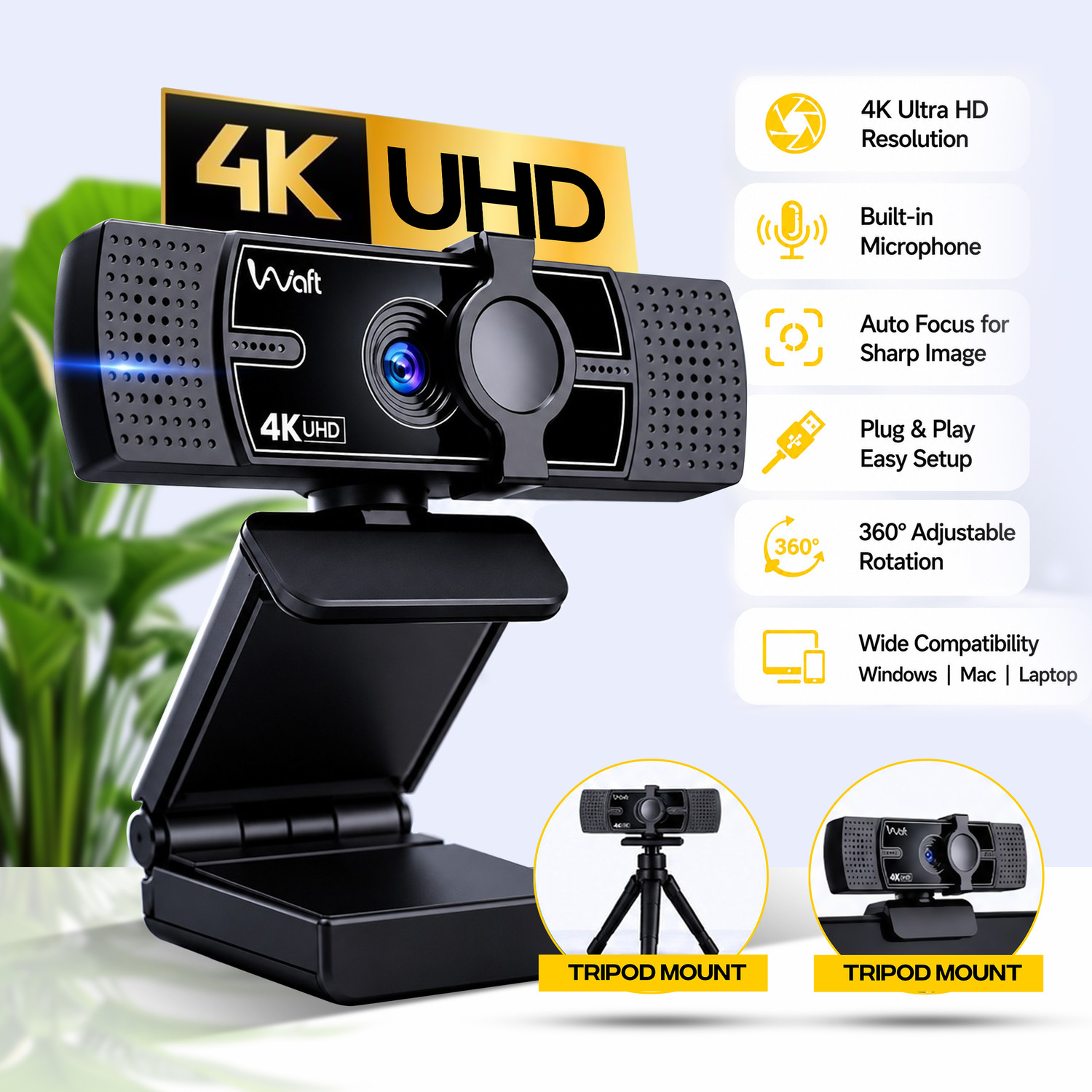 Image of AIWaft 4K Webcam with AI Auto-Focus, EPTZ, Dual Microphones, 2D Noise Reduction 4K Webcam 2160p, with Microphone, Night vision, USB Connectivity