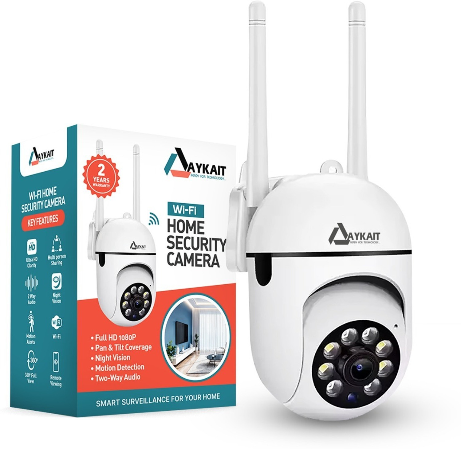 Image of Aykait Smart CCTV WiFi Camera - 2MP Dual Light Camera 360 Degree Full HD Webcam 1080p, with Microphone, Night vision, USB Connectivity
