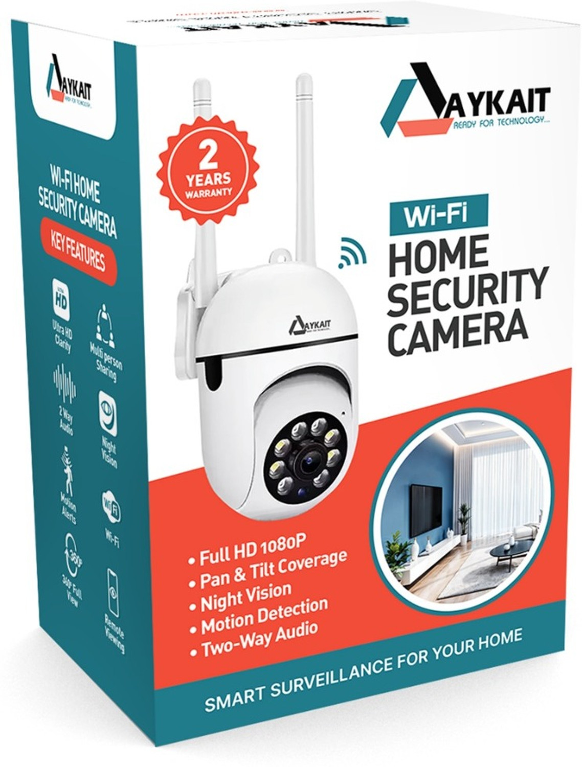 Image of Aykait Smart CCTV WiFi Camera - 2MP Dual Light Camera 360 Degree Full HD Webcam 1080p, with Microphone, Night vision, USB Connectivity