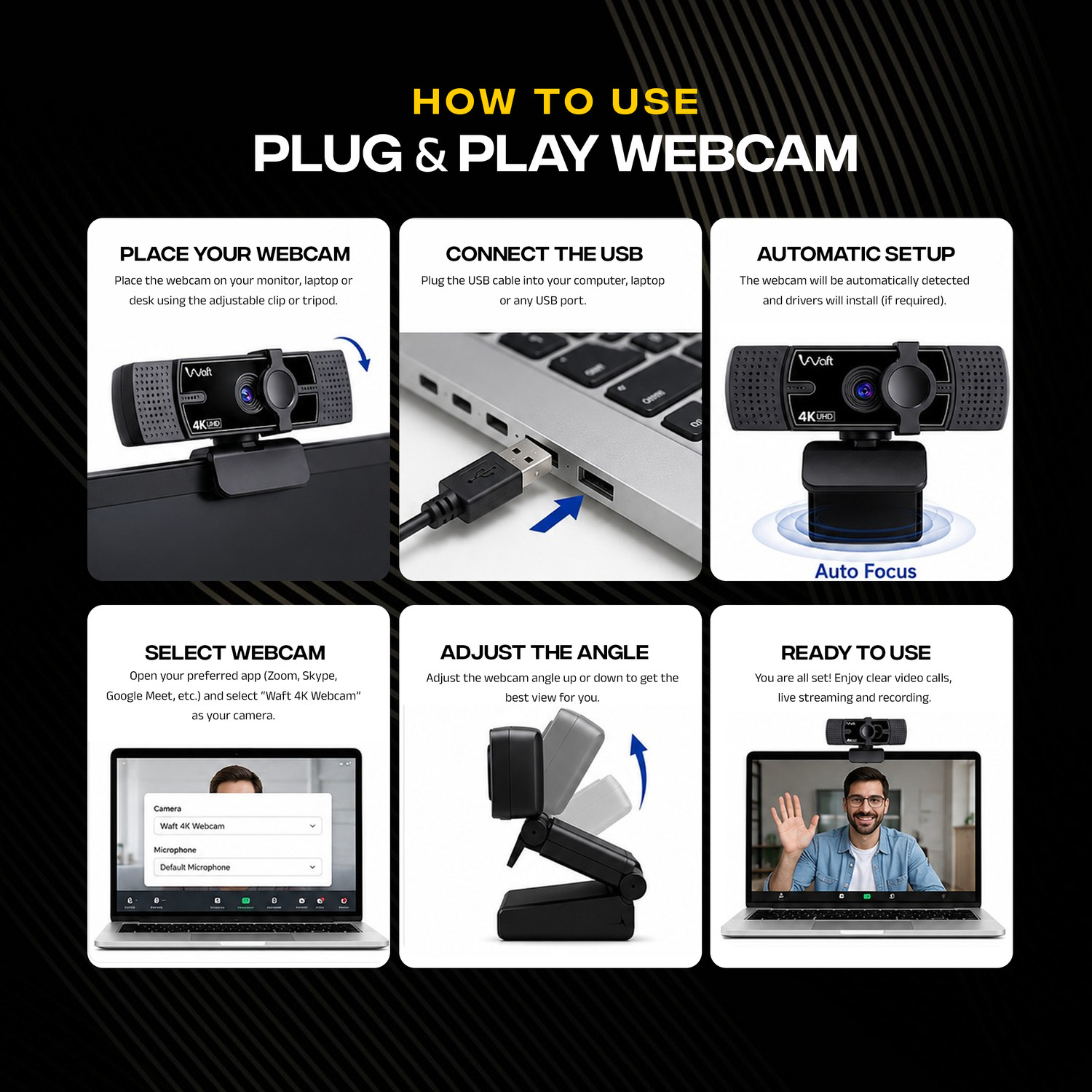 Image of AIWaft 4K Webcam with AI Auto-Focus, EPTZ, Dual Microphones, 2D Noise Reduction 4K Webcam 2160p, with Microphone, Night vision, USB Connectivity