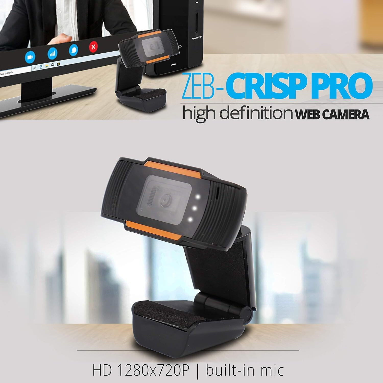 Image of ZEBRONICS ZEB-CRISP PRO Full HD Webcam 1080p, with Microphone, Night vision, USB Connectivity