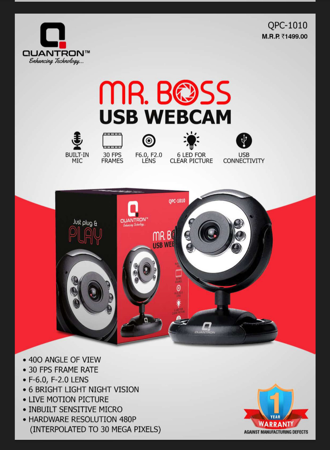 Image of Quantron QPC-1010, MR. BOSS USB WEBCAM 6 LIGHT CAMERA. 4K Webcam 2048p, with Microphone, Night vision, USB Connectivity