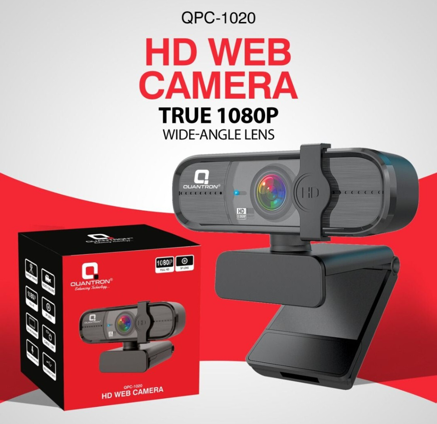 Image of Quantron QPC -1020 HD WEB CAMERA TRUE 1080P WIDE ANGLELENS, Full HD Webcam 1080p, with Microphone, Night vision, USB Connectivity