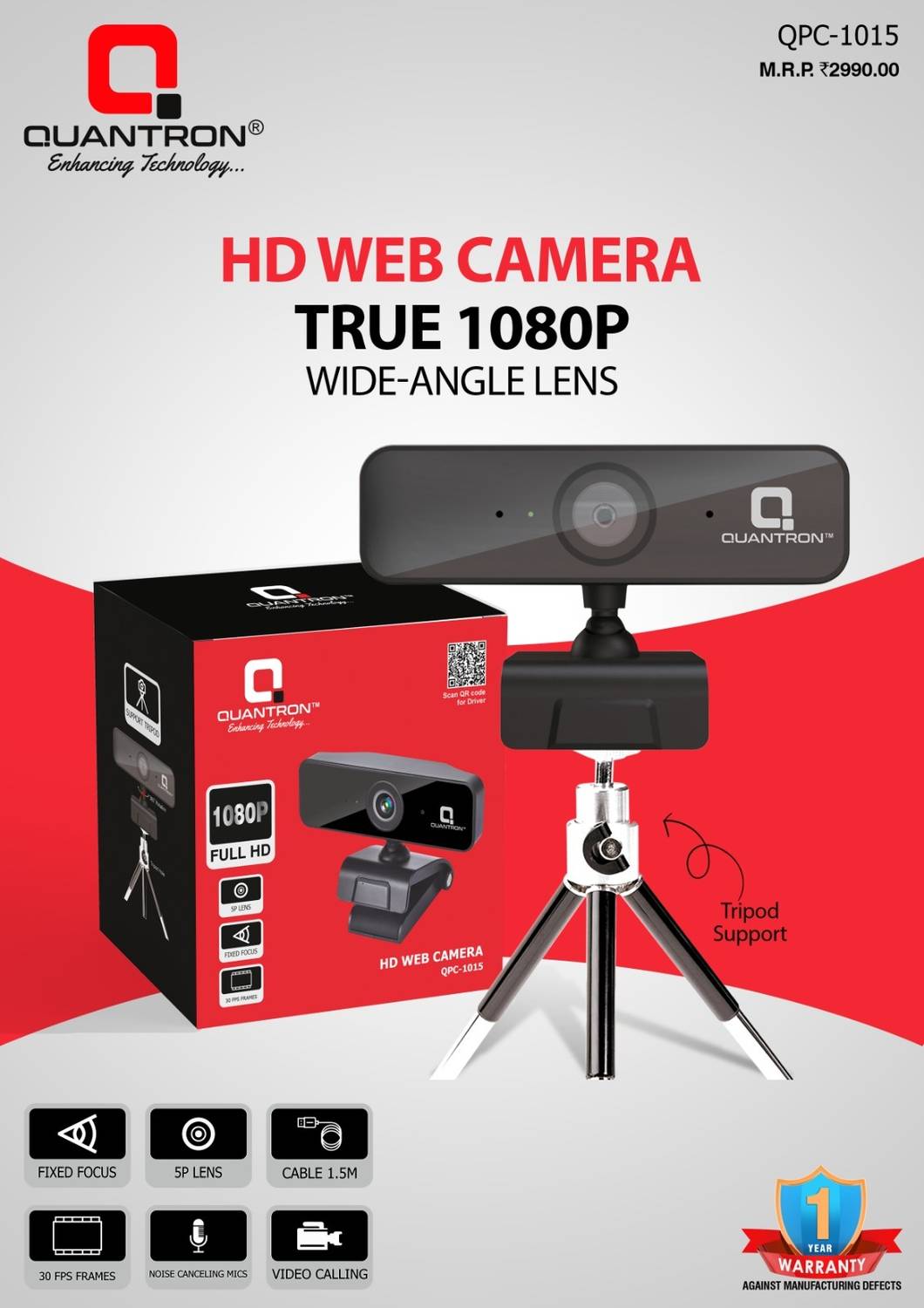 Quantron QPC -1015, HD WEB CAMERA TRUE 1080P WIDE - ANGLE LENS. 4K Webcam 2048p, with Microphone, Night vision, USB Connectivity