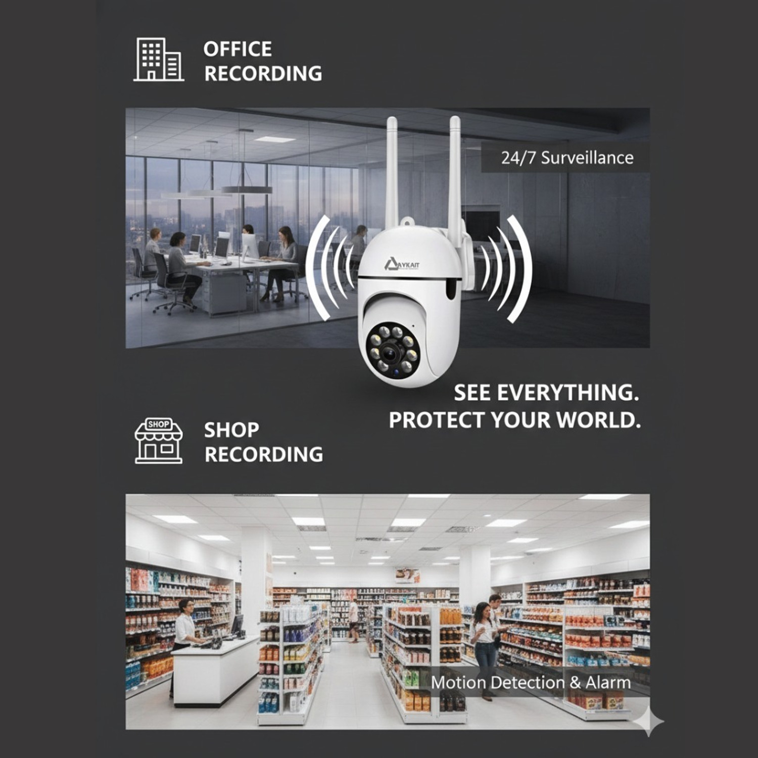 Image of Aykait Smart CCTV WiFi Camera - 2MP Dual Light Camera 360 Degree Full HD Webcam 1080p, with Microphone, Night vision, USB Connectivity