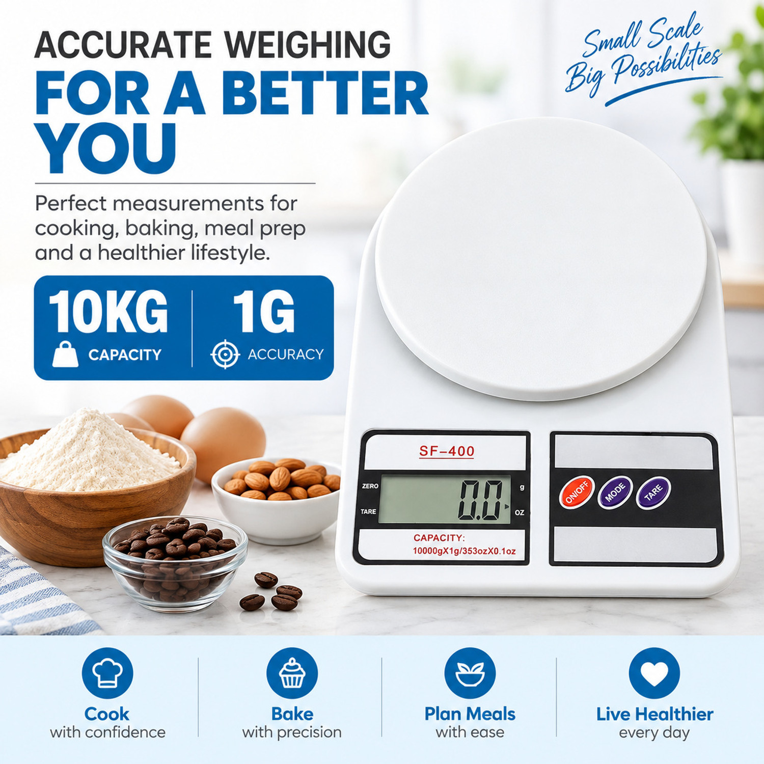 Image of KOTRONICS SF-400 Digital Kitchen Weighing Scale 10kg x 1g with LCD Display Weighing Scale (White)