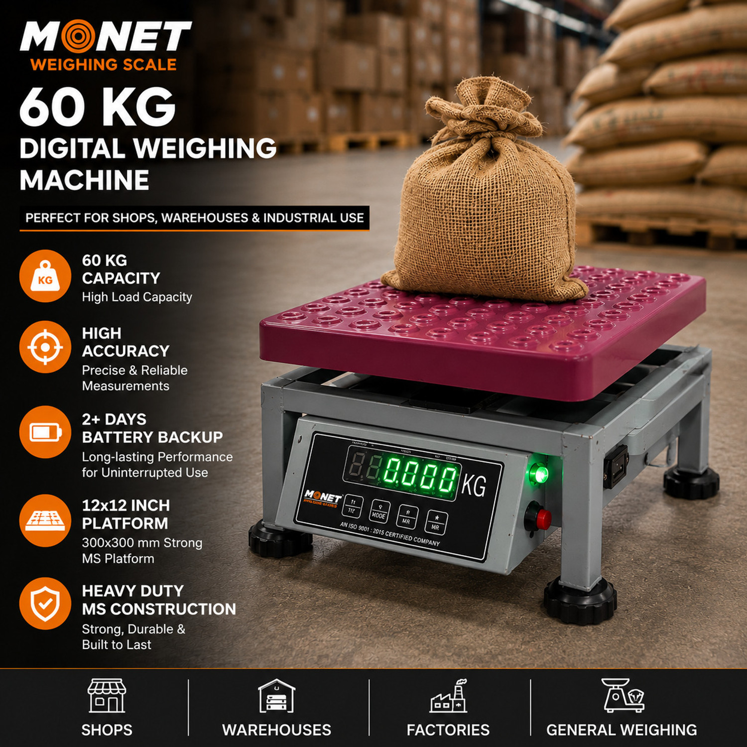 Image of Monet weighing scale 60kg MS ; High Precision ; Portable ; 2 Days Battery Backup Weighing Scale (Ash Rose)