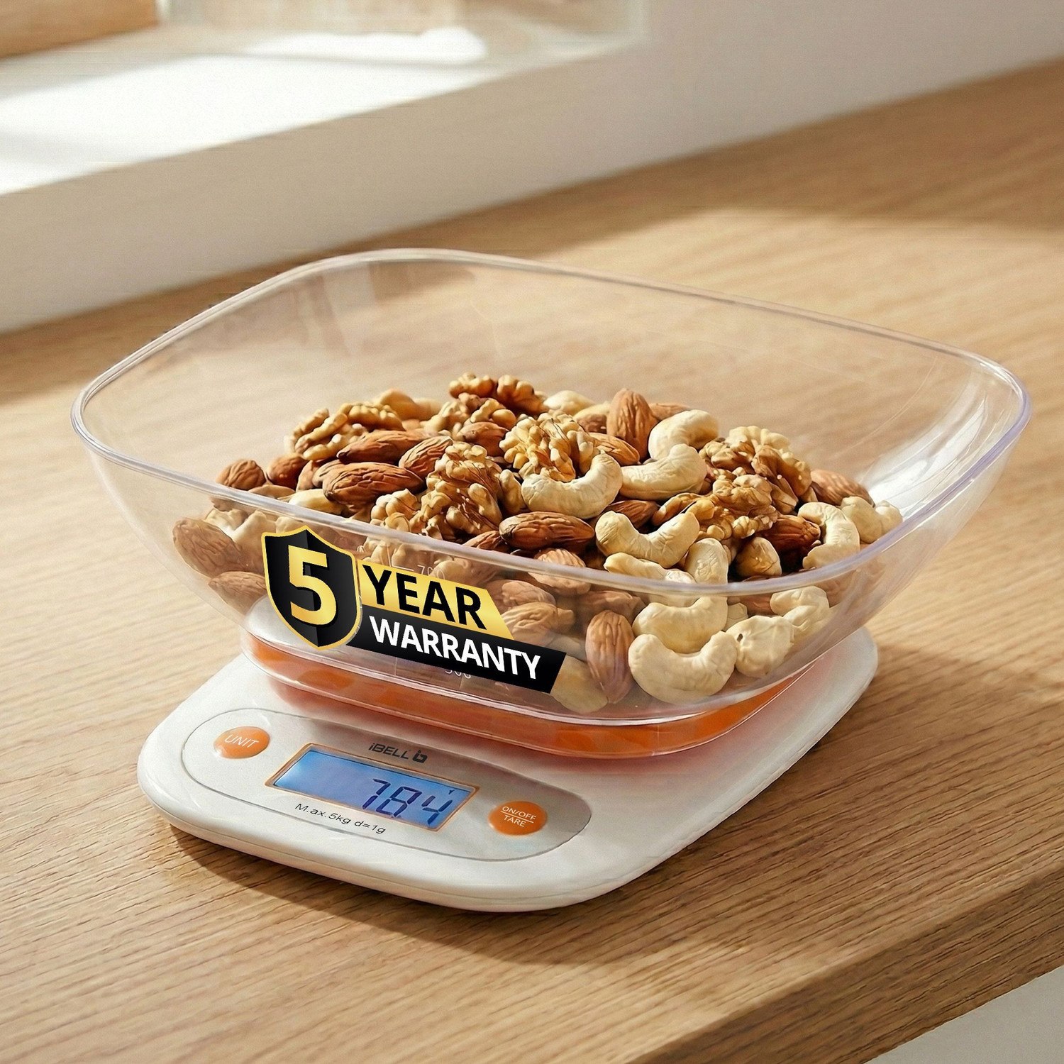 Image of iBELL KS502M Food Weighing Scale, 5kg, Tare Function, LCD Display, Portable Kitchen Weighing Scale
