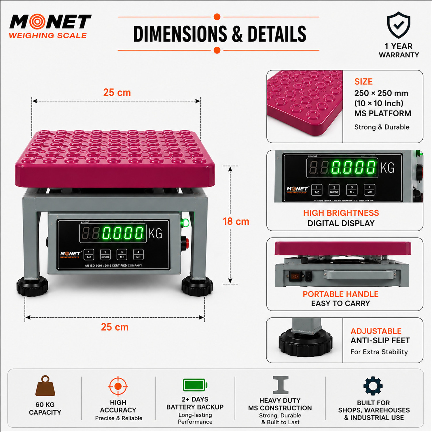 Image of Monet weighing scale 60kg MS ; High Precision ; Portable ; 2 Days Battery Backup Weighing Scale (Ash Rose)
