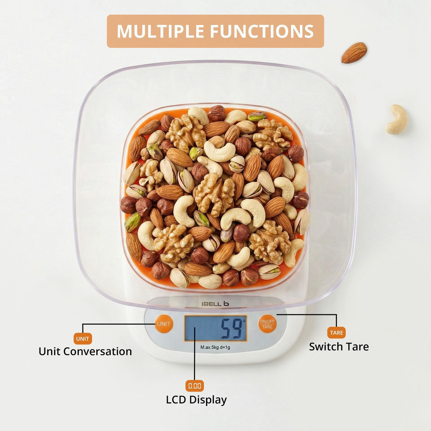 Image of iBELL KS502M Food Weighing Scale, 5kg, Tare Function, LCD Display, Portable Kitchen Weighing Scale
